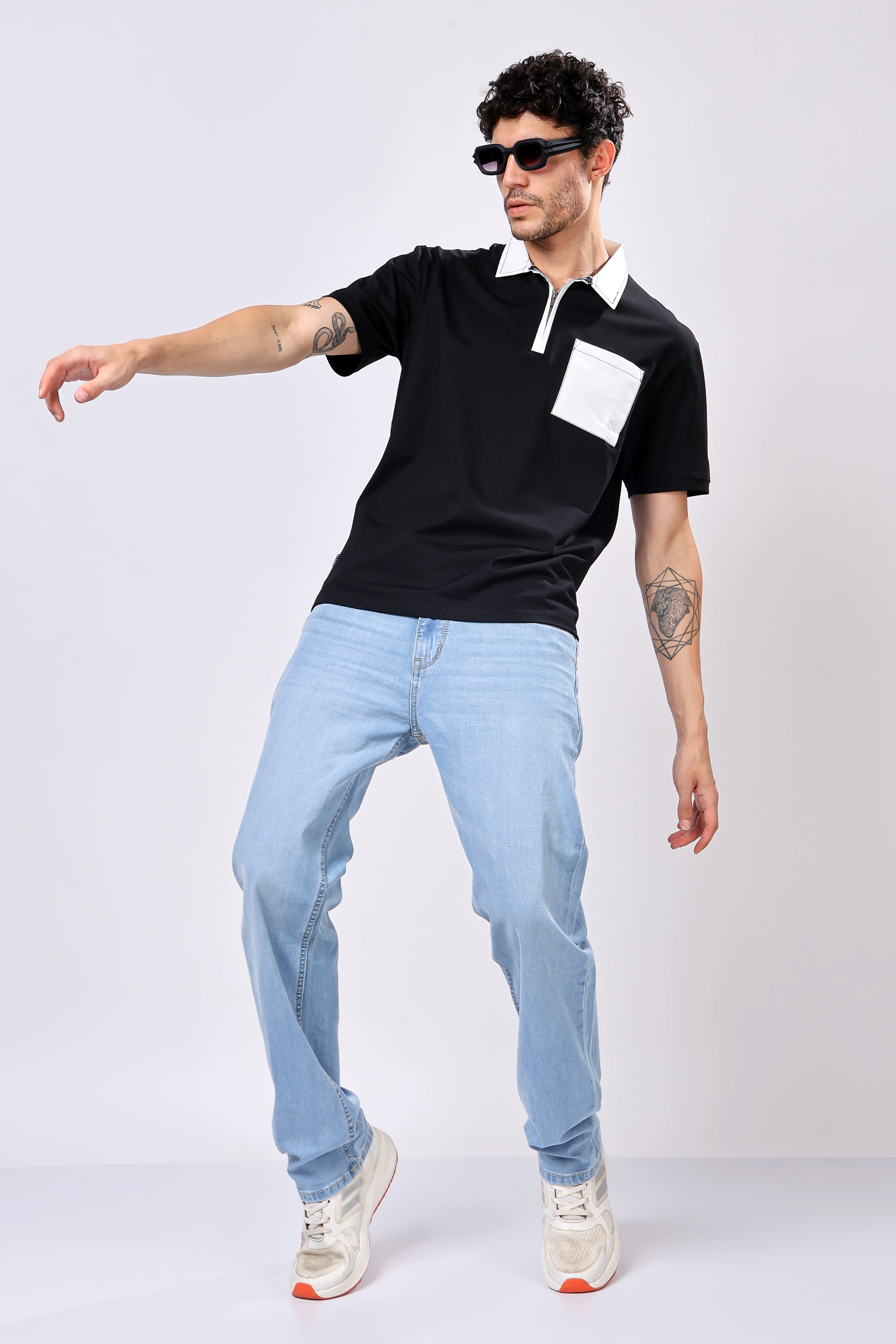 Stylox Men’s Regular Fit Contrast Collar Half Sleeve T-Shirt with Front Pocket & Zip Neck | Casual Stylish Cotton Blend Tee