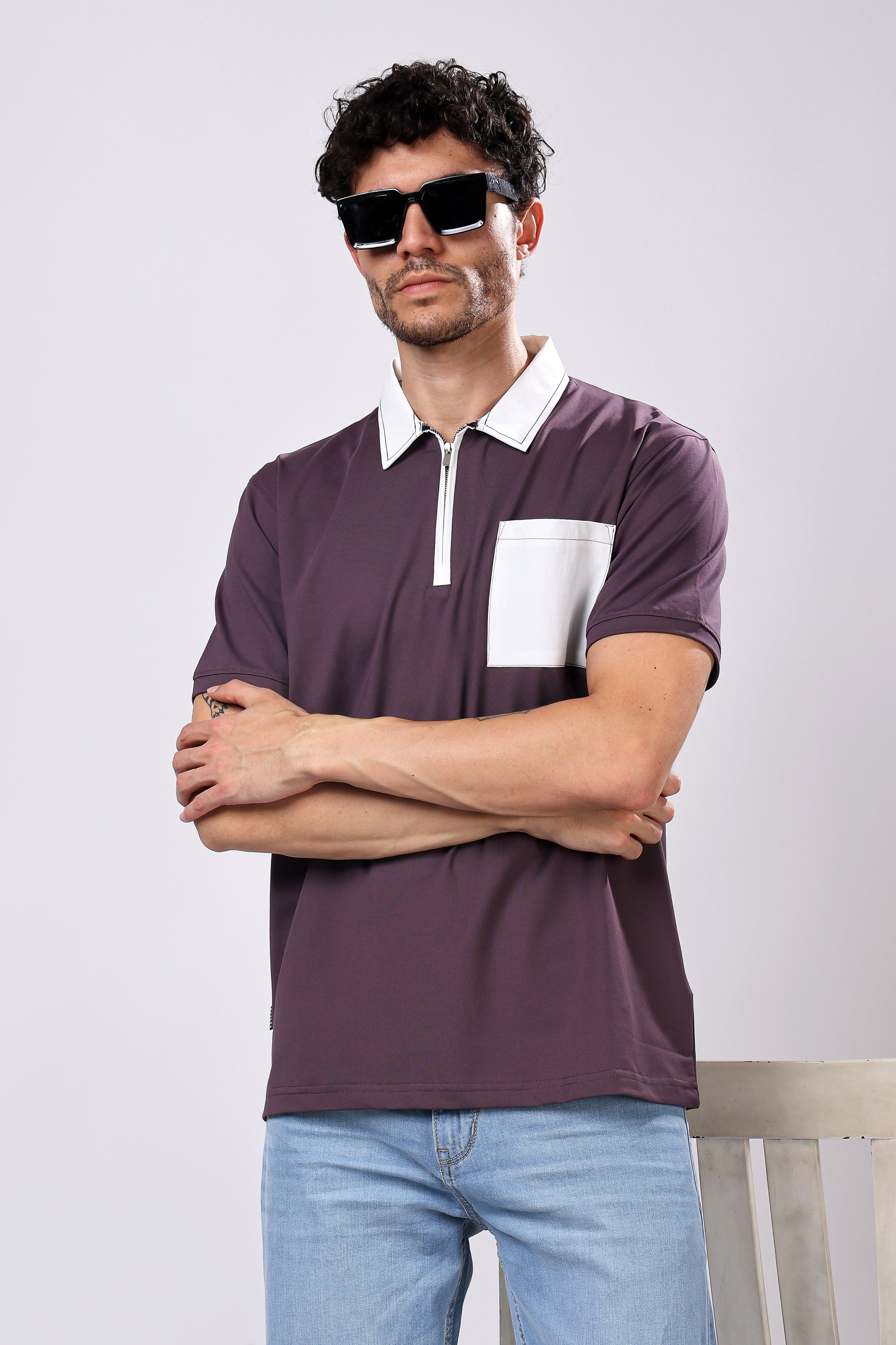 Stylox Men’s Regular Fit Contrast Collar Half Sleeve T-Shirt with Front Pocket & Zip Neck | Casual Stylish Cotton Blend Tee