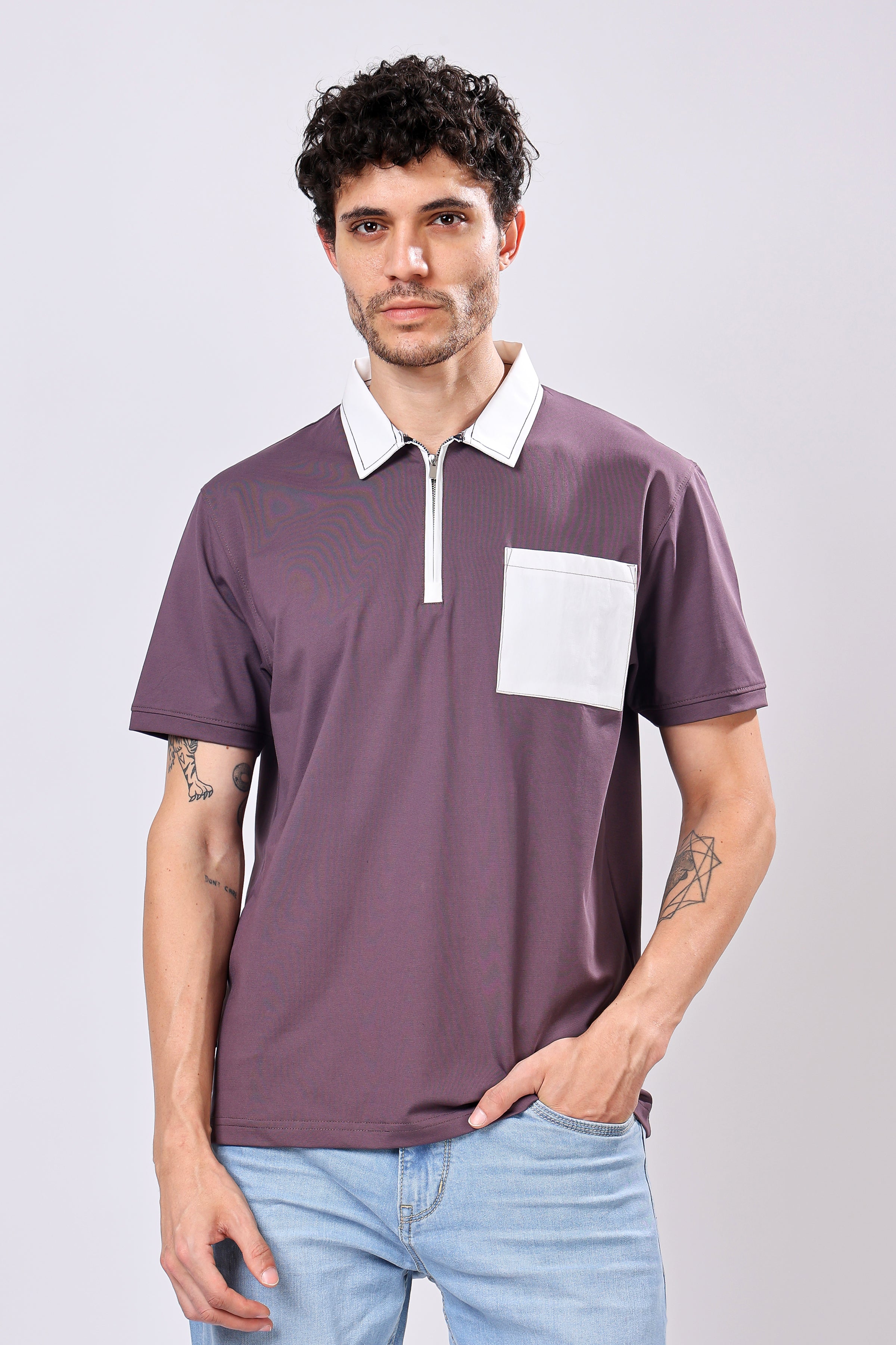 Stylox Men’s Regular Fit Contrast Collar Half Sleeve T-Shirt with Front Pocket & Zip Neck | Casual Stylish Cotton Blend Tee