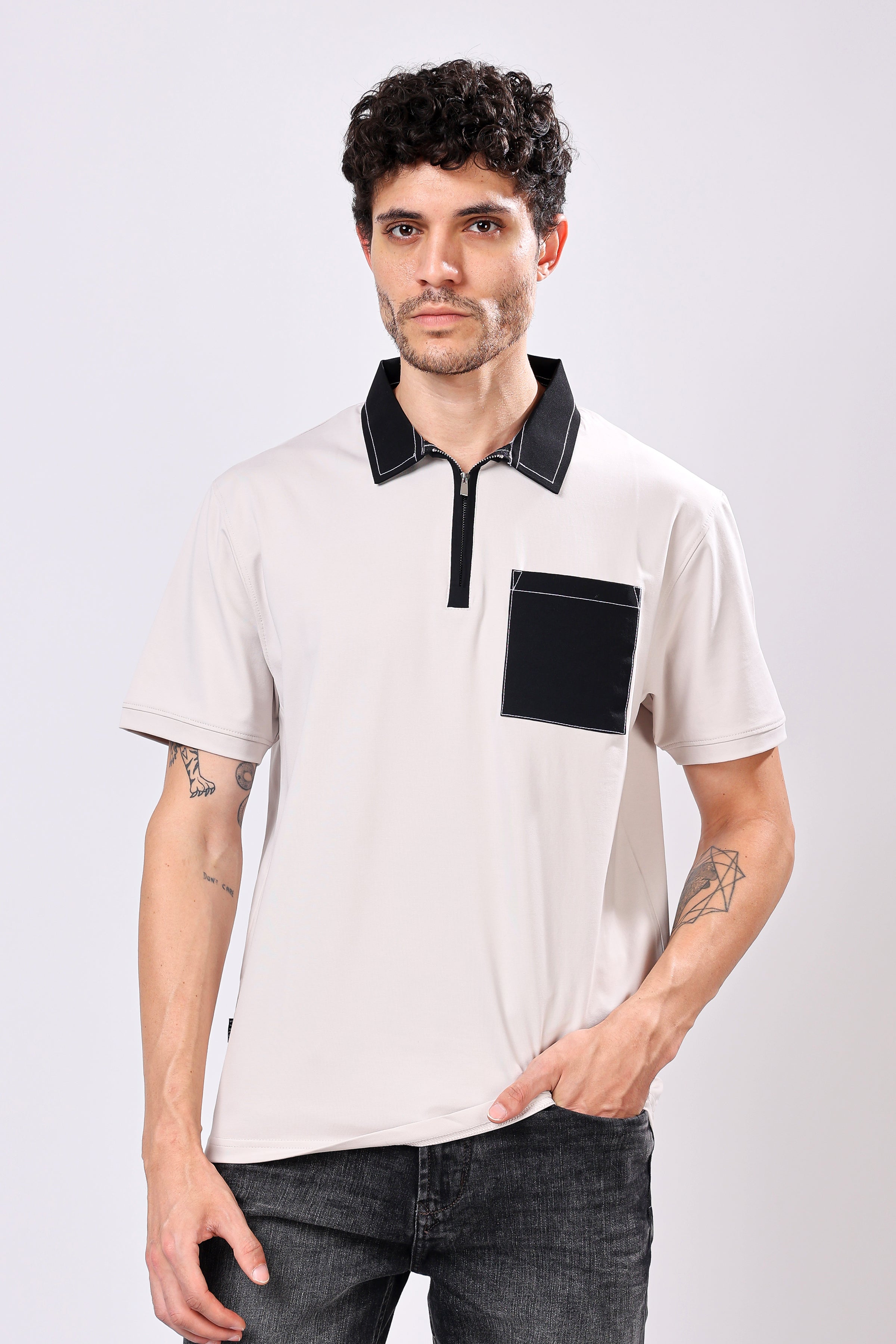 Stylox Men’s Regular Fit Contrast Collar Half Sleeve T-Shirt with Front Pocket & Zip Neck | Casual Stylish Cotton Blend Tee