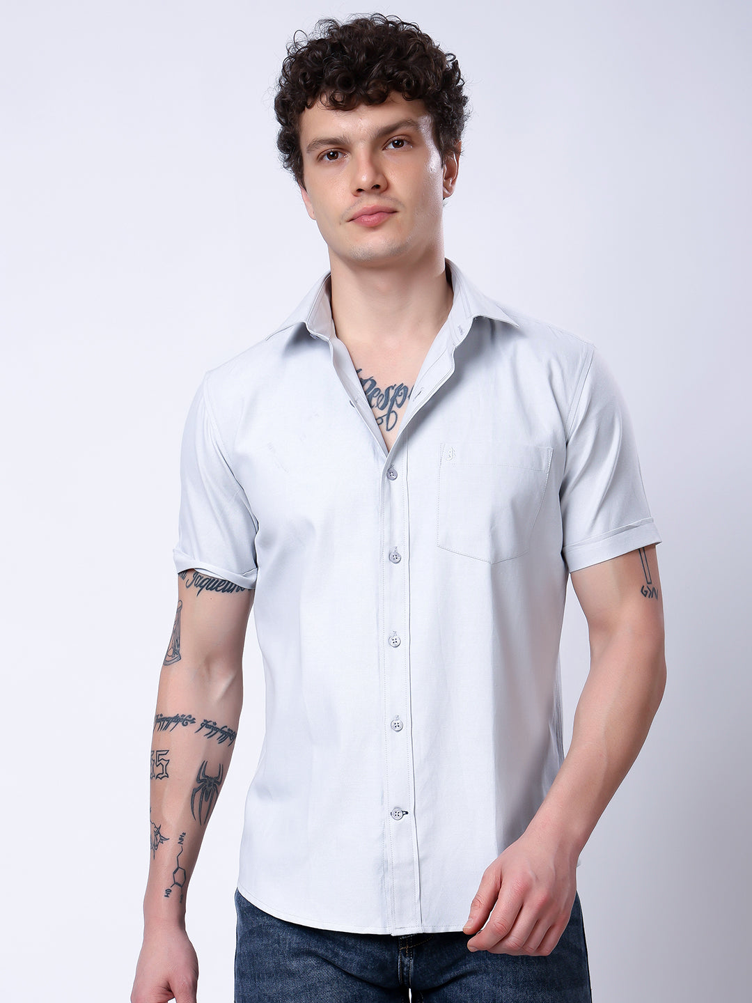 Stylox Men’s Regular Fit Half Sleeve Solid Casual Shirt-Light Grey - Stylox