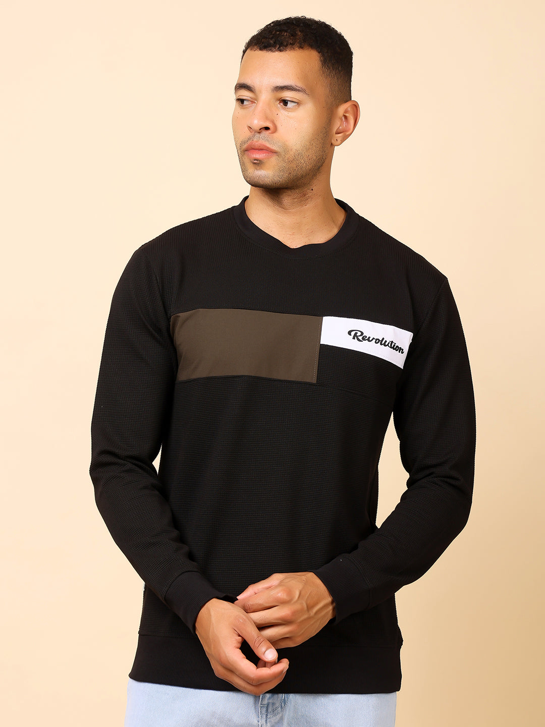 Stylox Men’s Colorblock Crew Neck Sweatshirt with “Revolution” Print