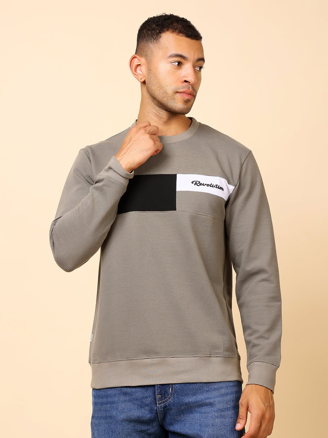 Stylox Men’s Colorblock Crew Neck Sweatshirt with “Revolution” Print