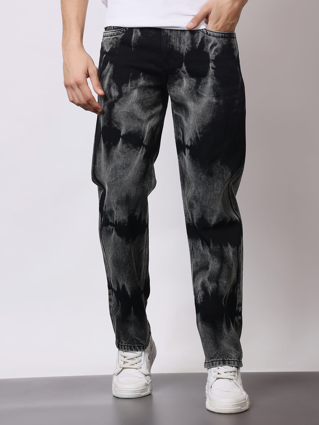 Stylox Men’s Relaxed Fit Black Tie-Dye Washed Jeans | Trendy Acid Wash Straight Fit Denim for Streetwear Style - Stylox