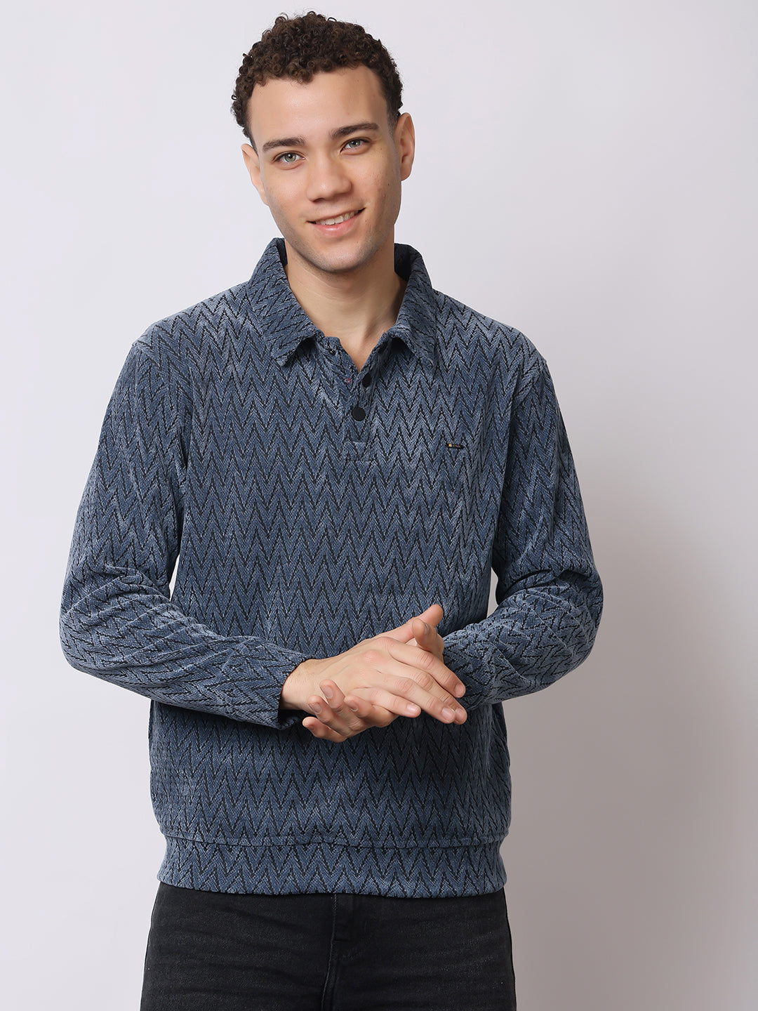 Stylox Men’s Textured Winter Sweatshirt – Chevron Pattern Pullover with Collar & Button Placket