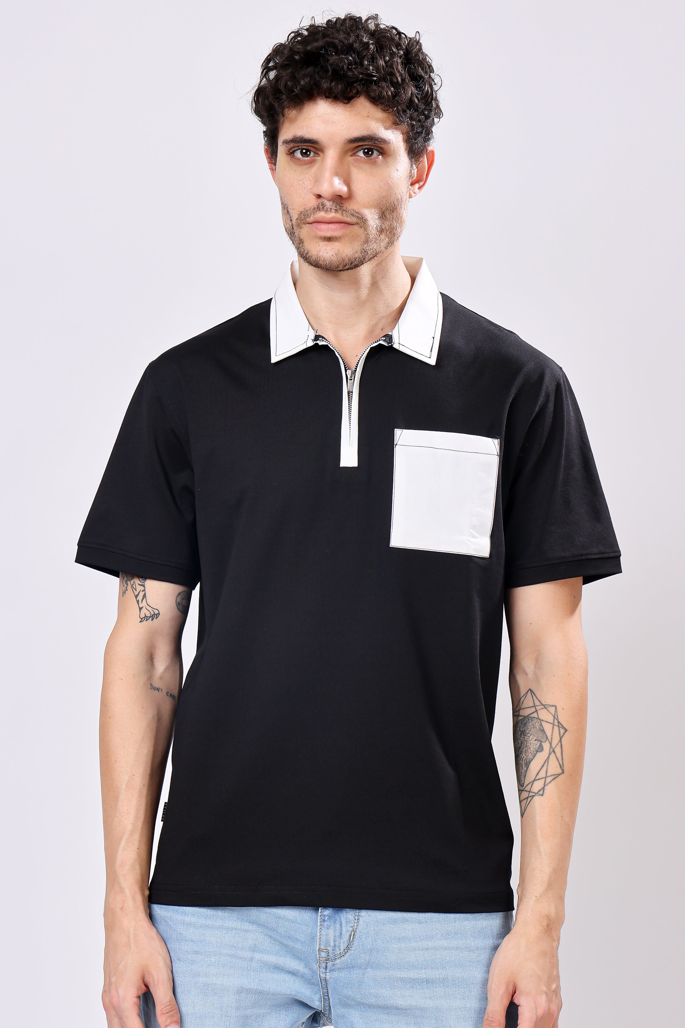 Stylox Men’s Regular Fit Contrast Collar Half Sleeve T-Shirt with Front Pocket & Zip Neck | Casual Stylish Cotton Blend Tee