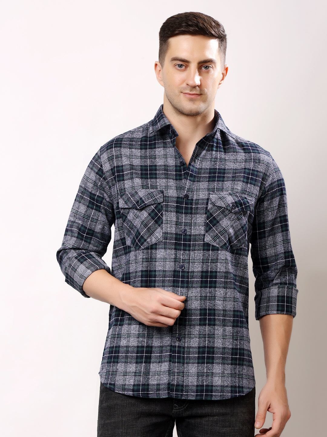 Stylox Men’s Regular Fit Full Sleeve Check Shirt with Double Flap Pockets | Cotton Casual Checkered Shirt