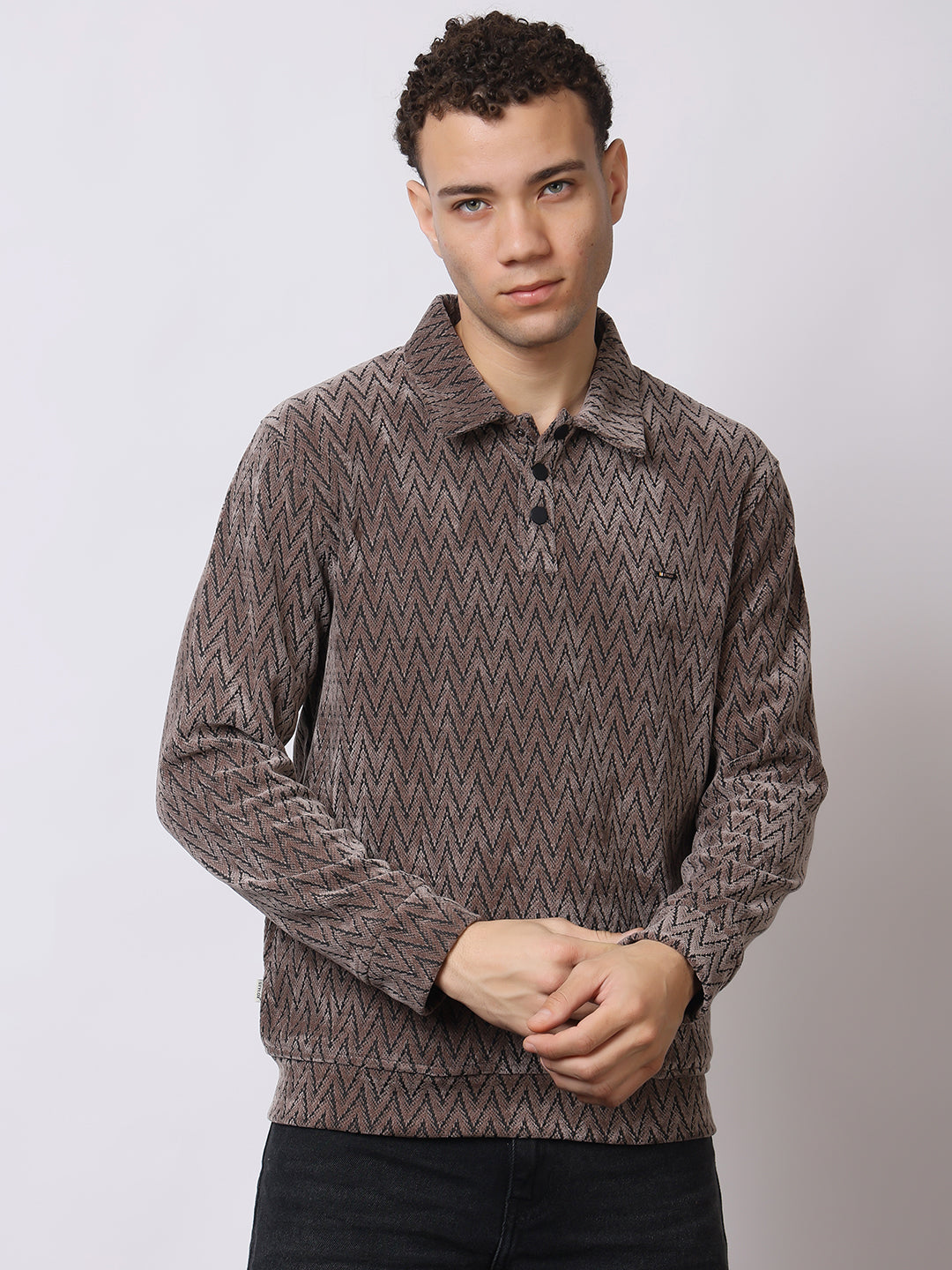 Stylox Men’s Textured Winter Sweatshirt – Chevron Pattern Pullover with Collar & Button Placket