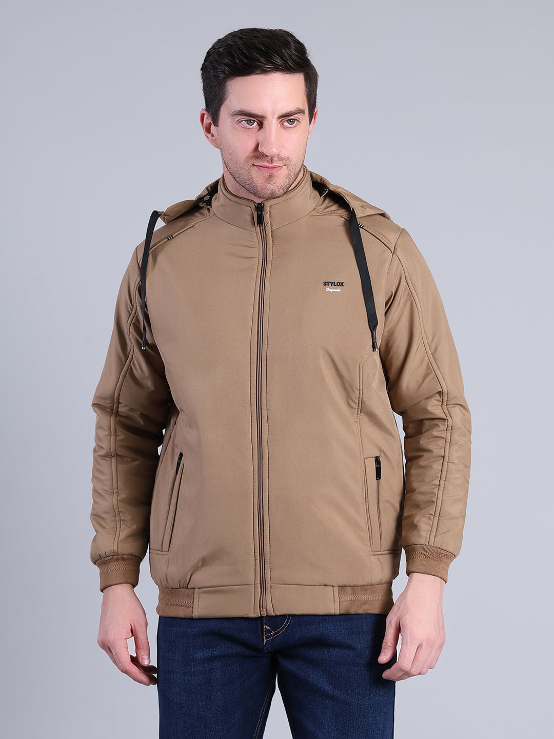 Stylox Men’s Solid Hooded Winter Jacket | Full Sleeve Zip-Up Casual Jacket with Pockets