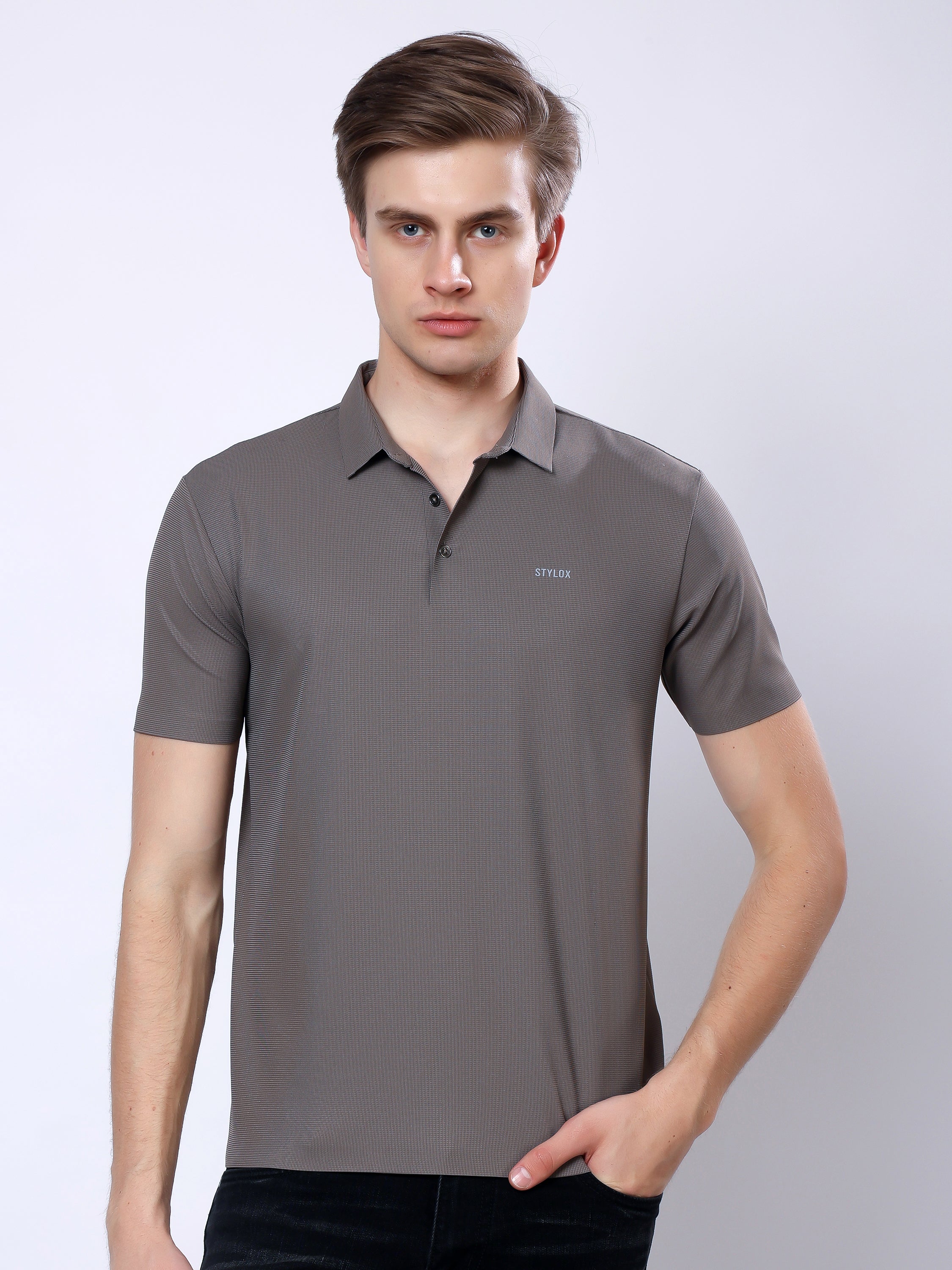 Stylox Men's Premium Regular Fit Stretchable Polo T-Shirt-Arm Taupe