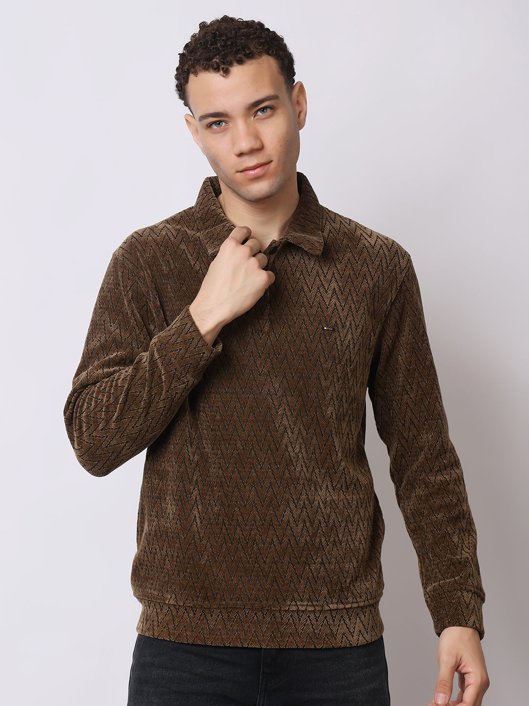 Stylox Men’s Textured Winter Sweatshirt – Chevron Pattern Pullover with Collar & Button Placket