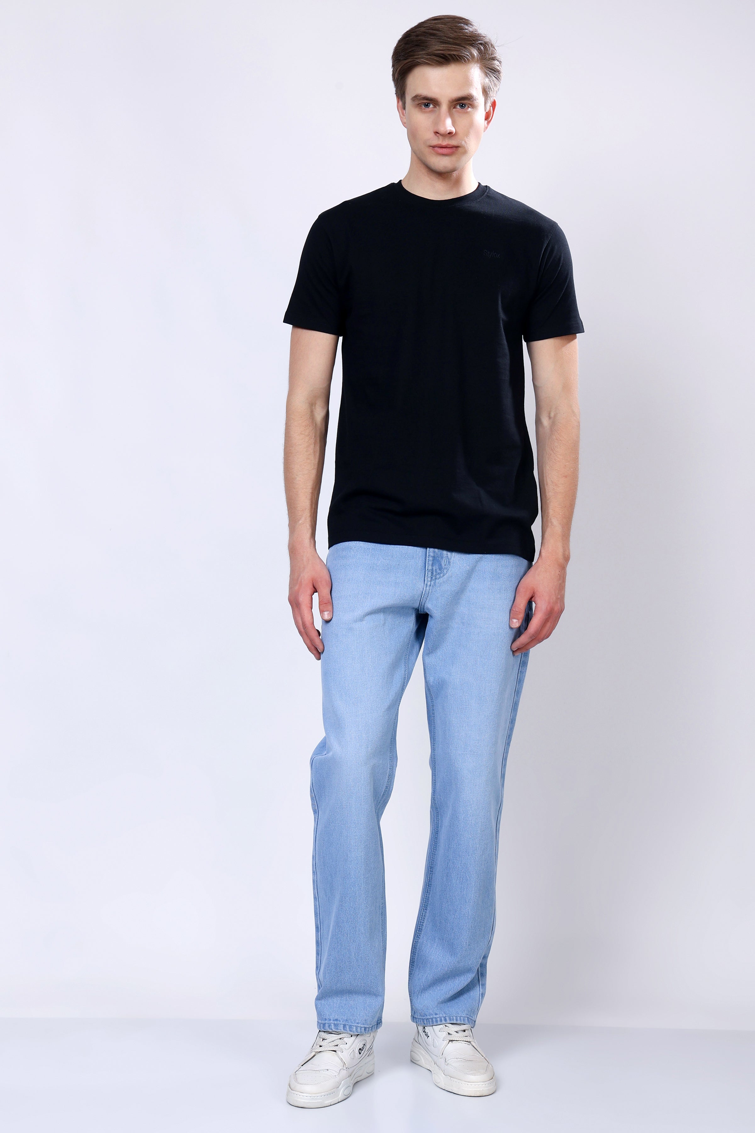 Stylox Men’s Mid-Rise Relaxed Fit Light Blue Non-Stretch Denim Jeans - Stylox