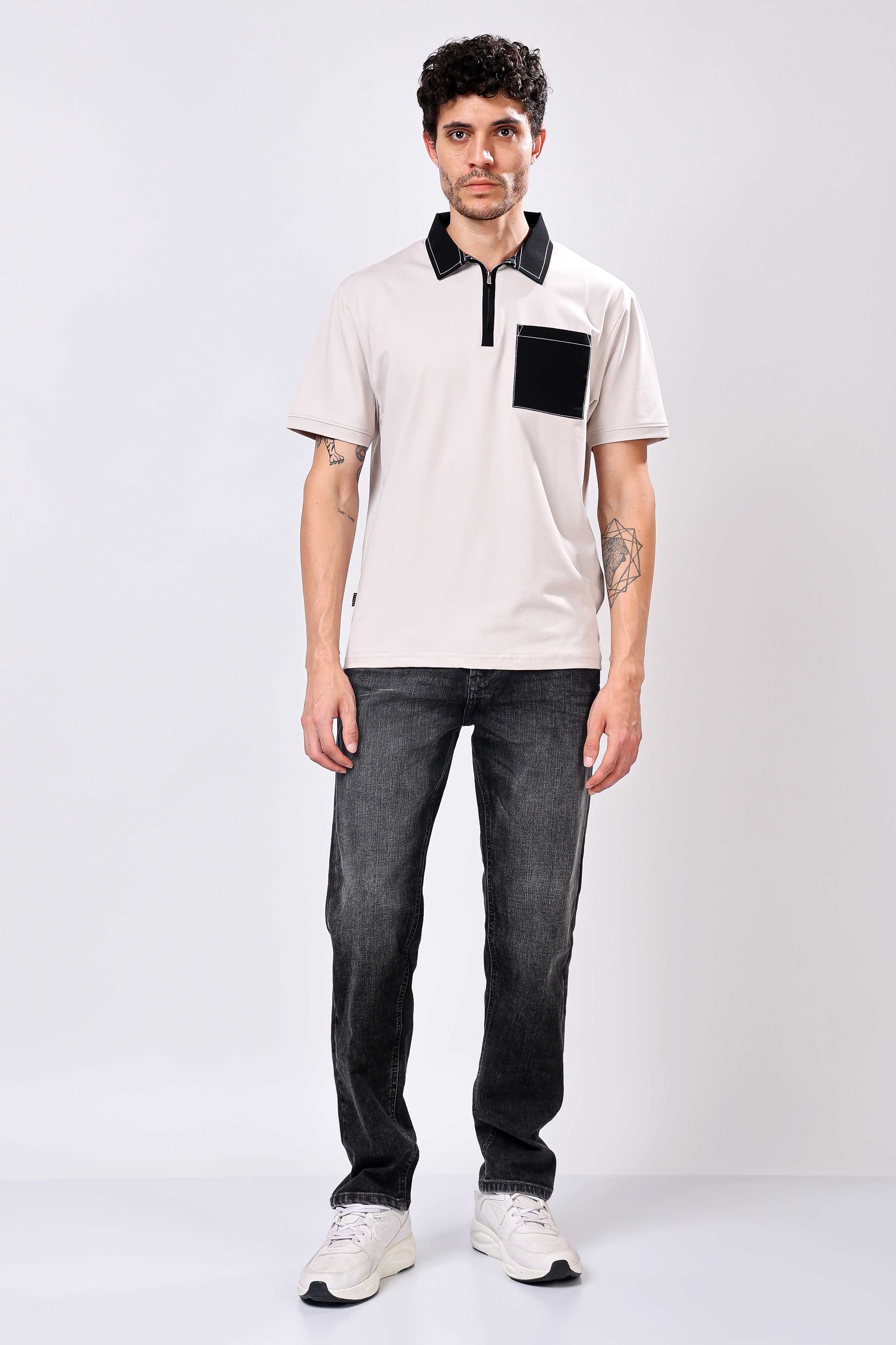 Stylox Men’s Regular Fit Contrast Collar Half Sleeve T-Shirt with Front Pocket & Zip Neck | Casual Stylish Cotton Blend Tee