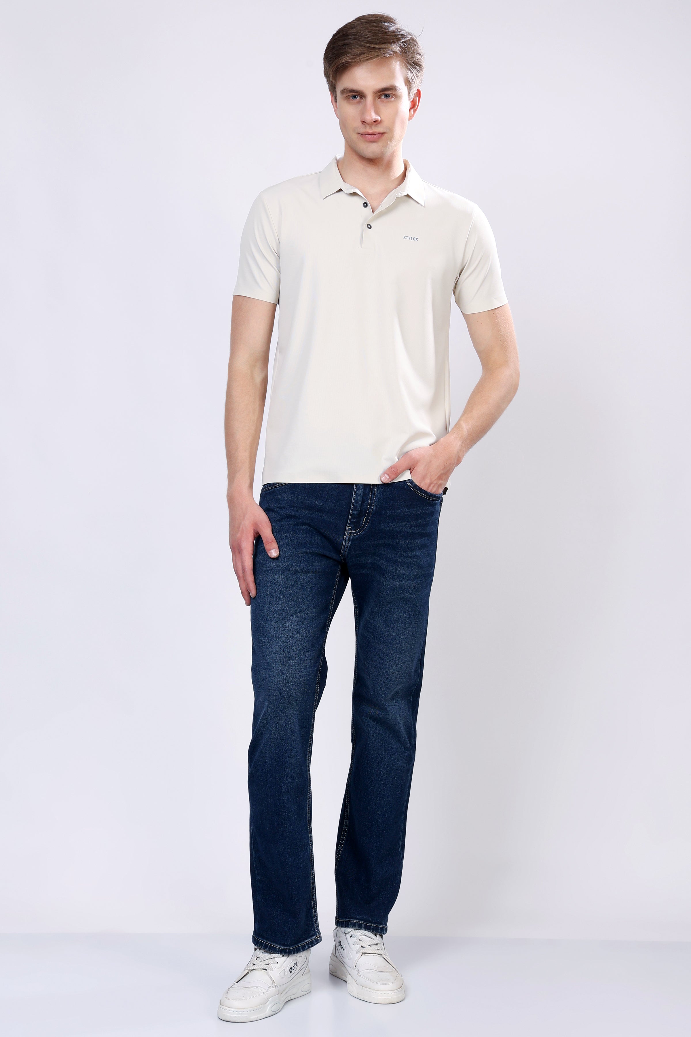 Stylox Men’s Mid-Rise Comfort Fit Stretchable Mid Dark Blue Denim Jeans - Stylox