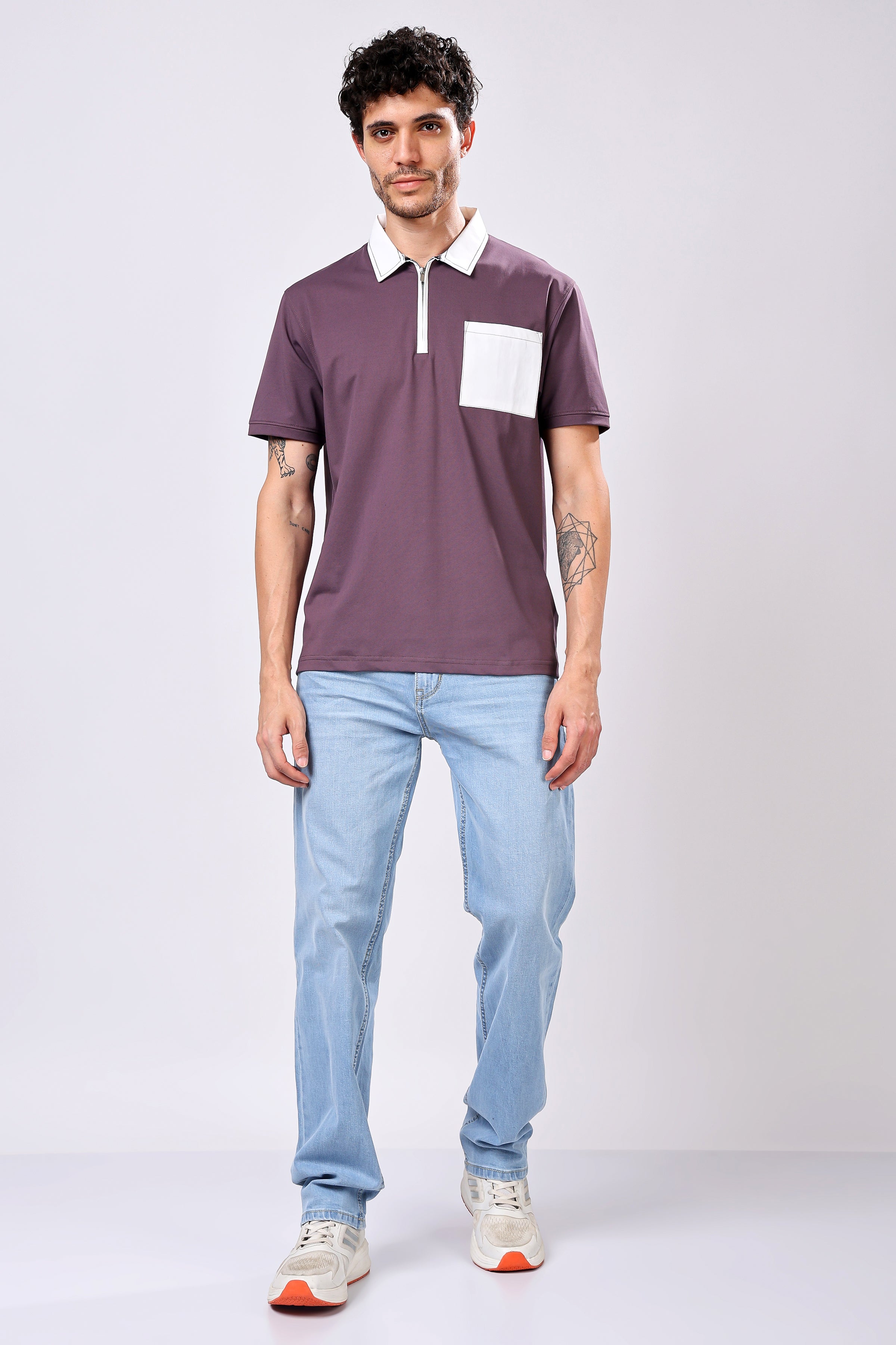 Stylox Men’s Regular Fit Contrast Collar Half Sleeve T-Shirt with Front Pocket & Zip Neck | Casual Stylish Cotton Blend Tee