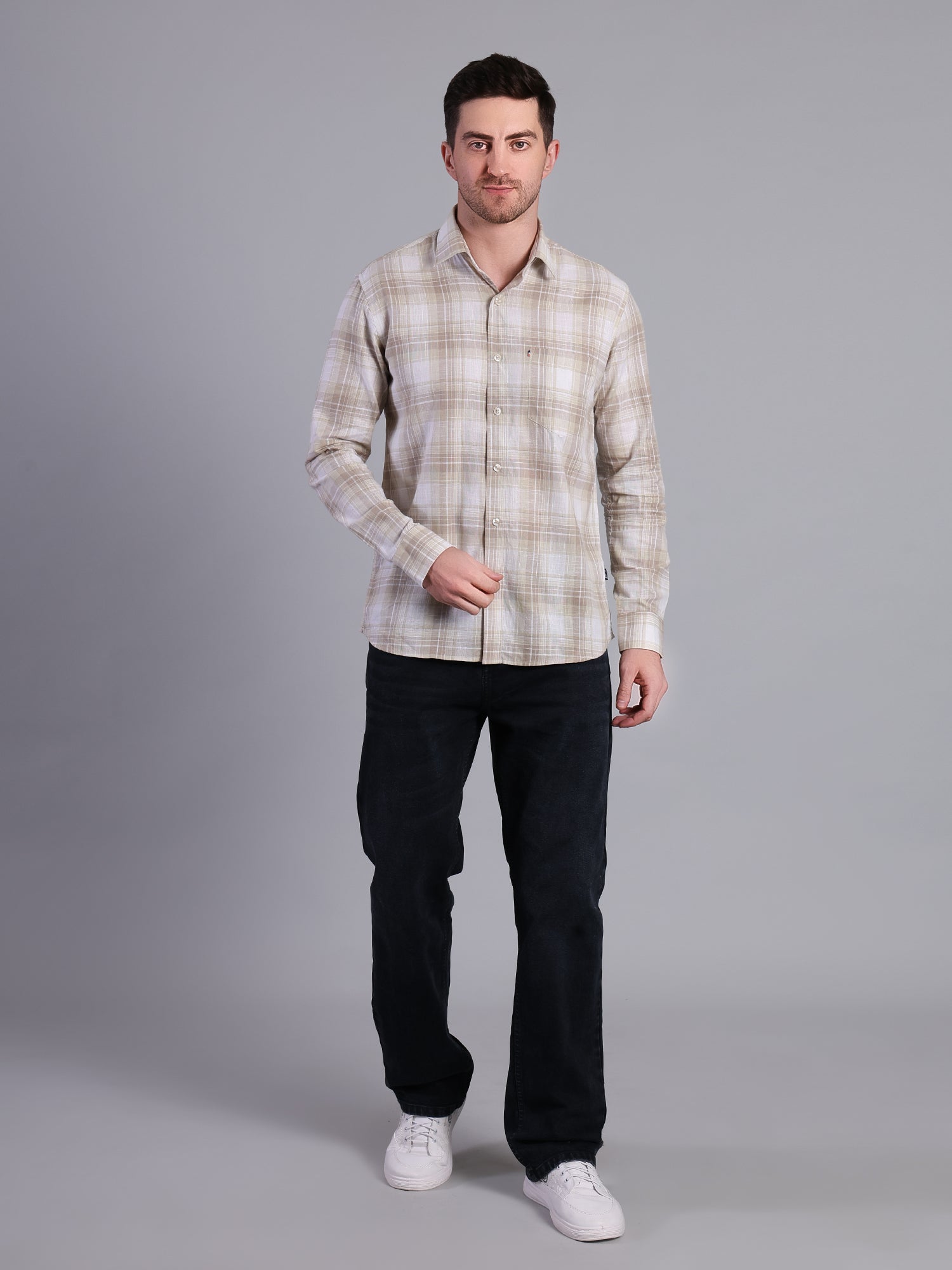 Stylox Men’s Regular Fit Checked Full Sleeve Casual Shirt-Sand - Stylox