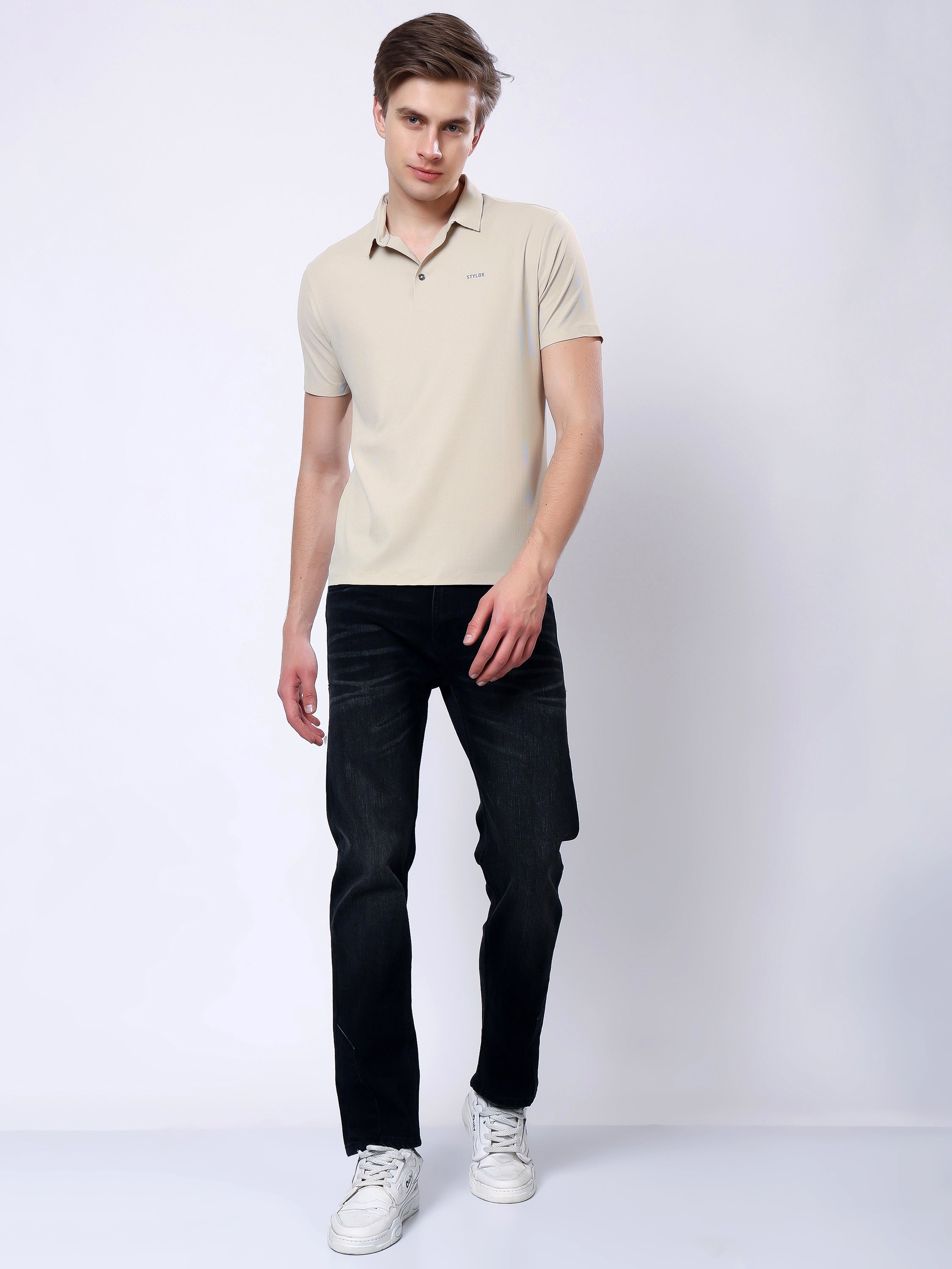 Stylox Men’s Premium Regular Fit Stretchable Polo T-Shirt-Mid Beige - Stylox