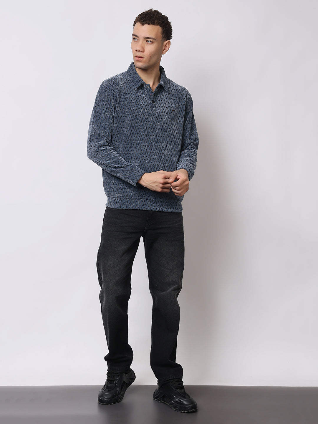 Stylox Men’s Textured Winter Sweatshirt – Chevron Pattern Pullover with Collar & Button Placket