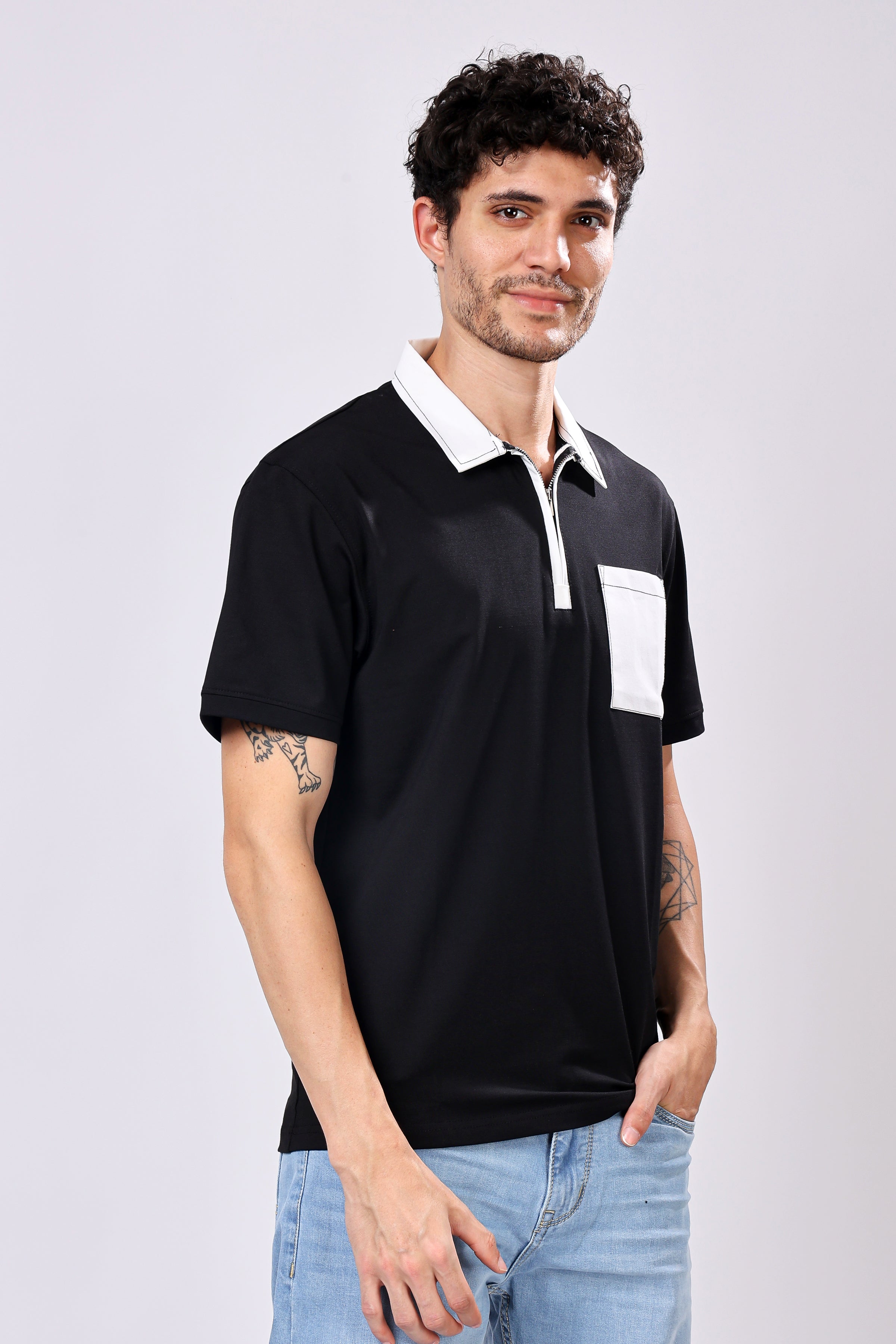 Stylox Men’s Regular Fit Contrast Collar Half Sleeve T-Shirt with Front Pocket & Zip Neck | Casual Stylish Cotton Blend Tee