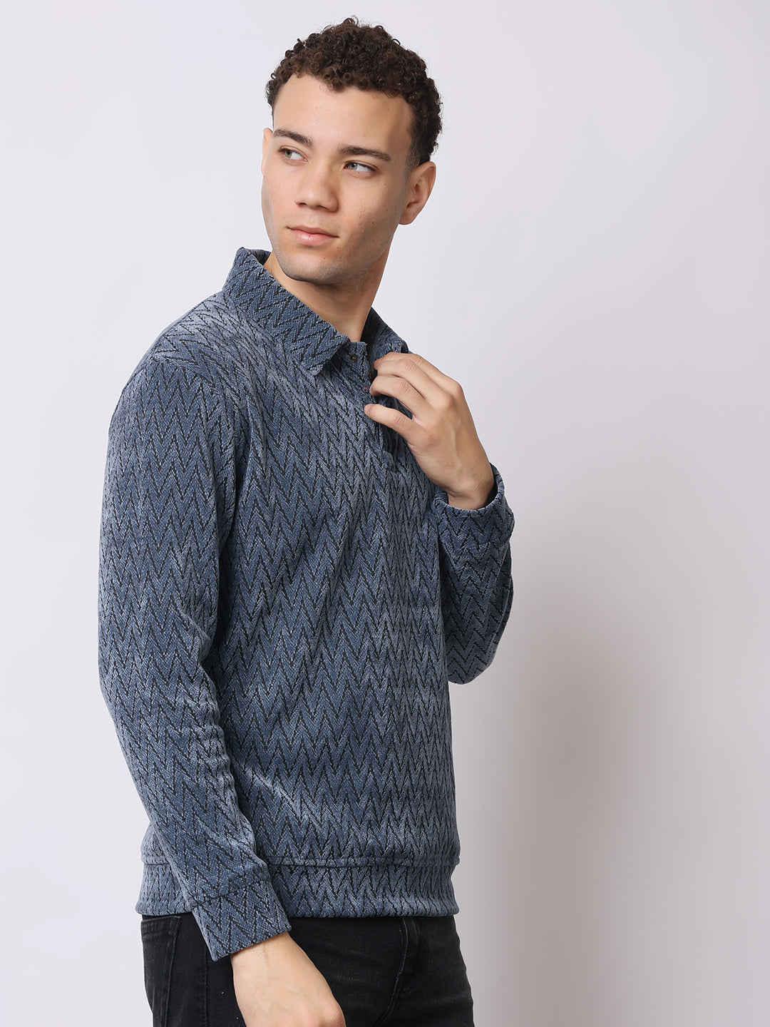 Stylox Men’s Textured Winter Sweatshirt – Chevron Pattern Pullover with Collar & Button Placket