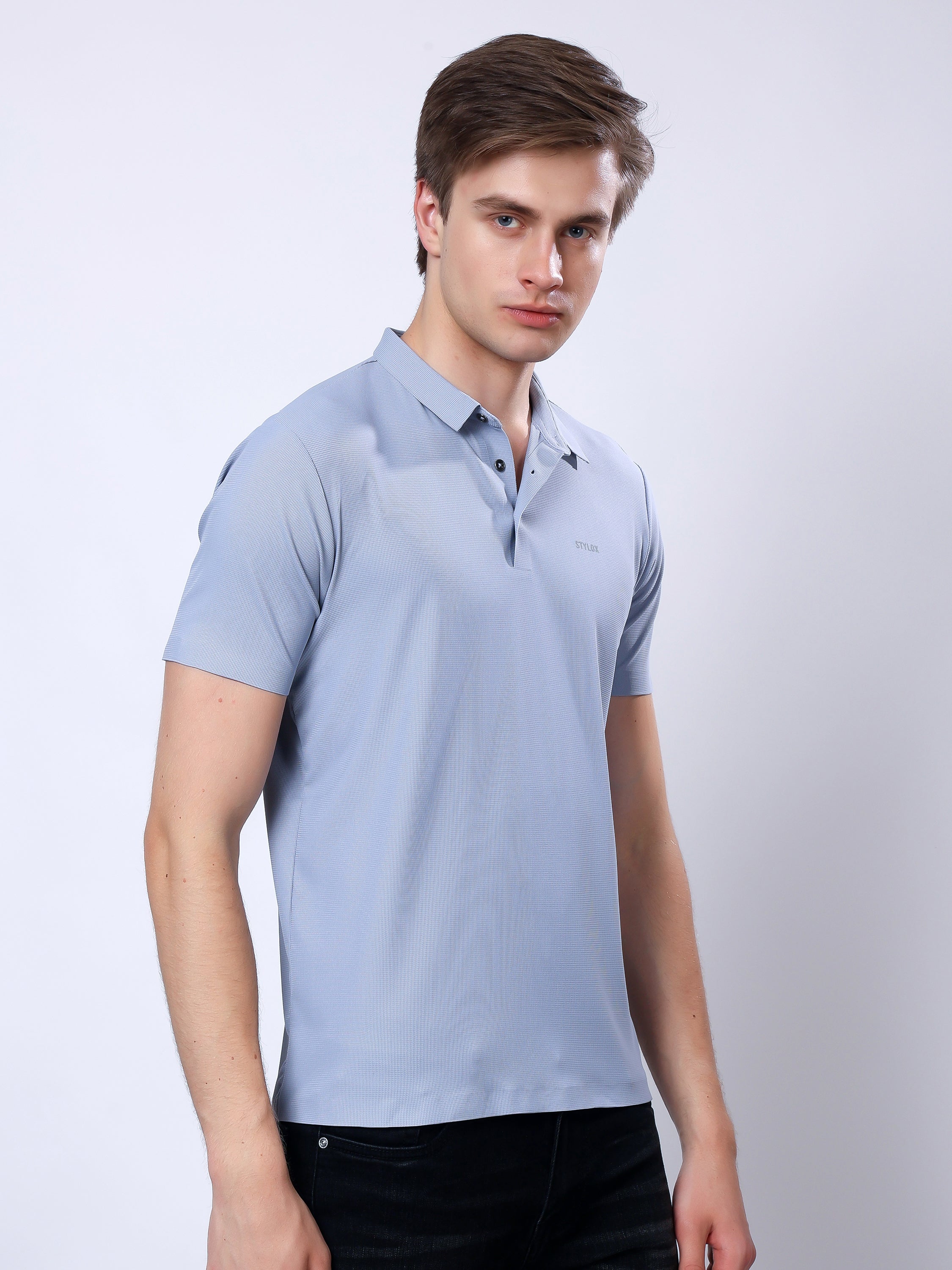 Stylox Men’s Premium Regular Fit Stretchable Polo T-Shirt-Smoky Blue - Stylox