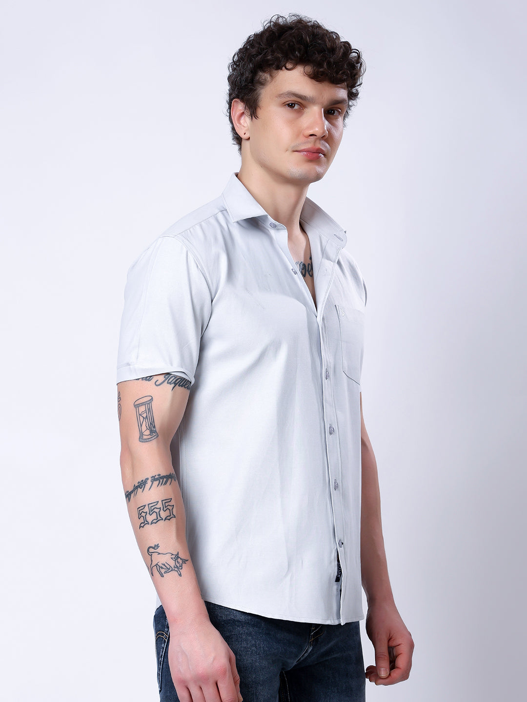 Stylox Men’s Regular Fit Half Sleeve Solid Casual Shirt-Light Grey - Stylox