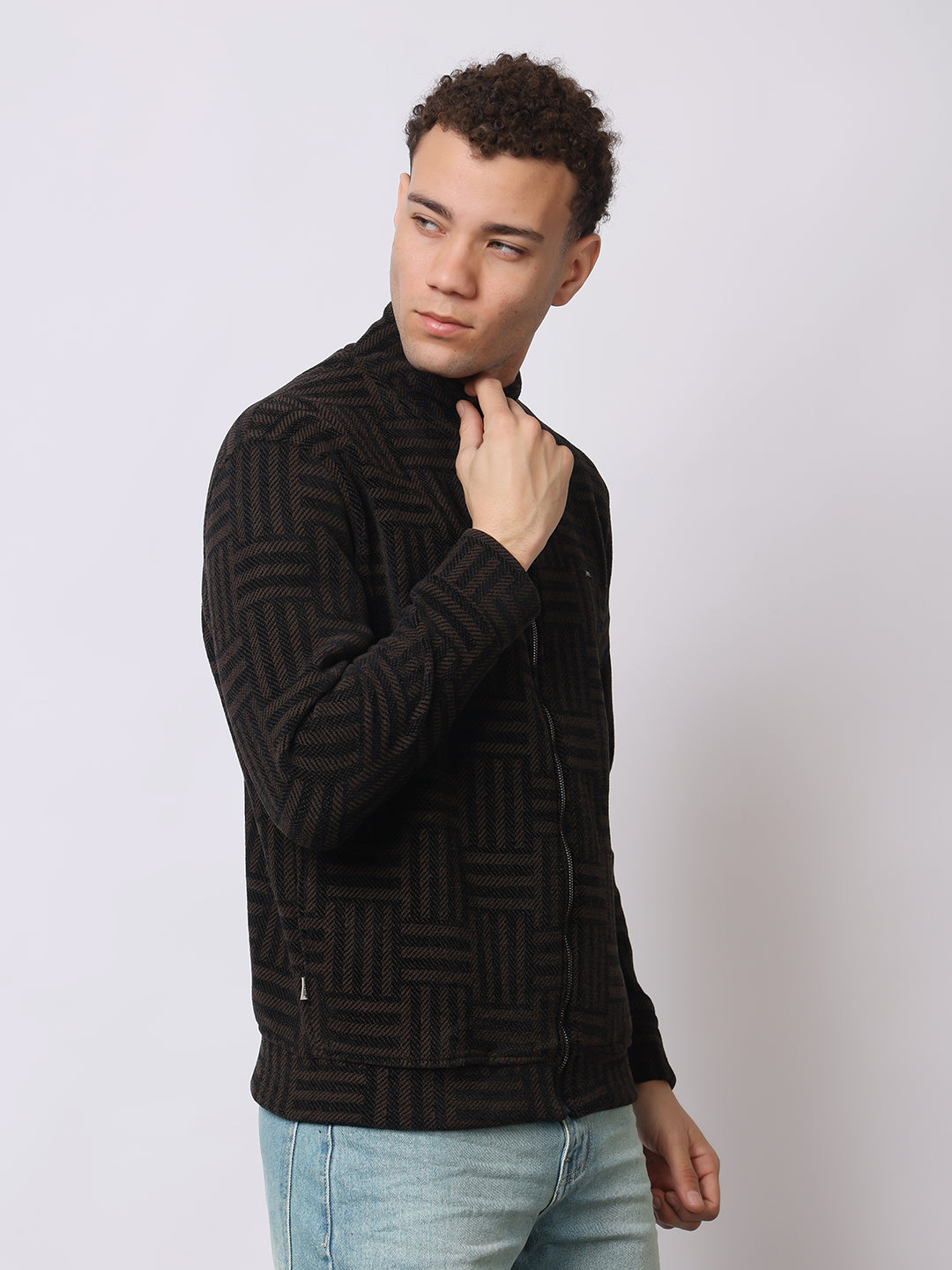 Stylox Men’s Black Textured Full-Zip Winter Jacket – Warm Fleece-Lined High Neck Sweatshirt for Casual Wear