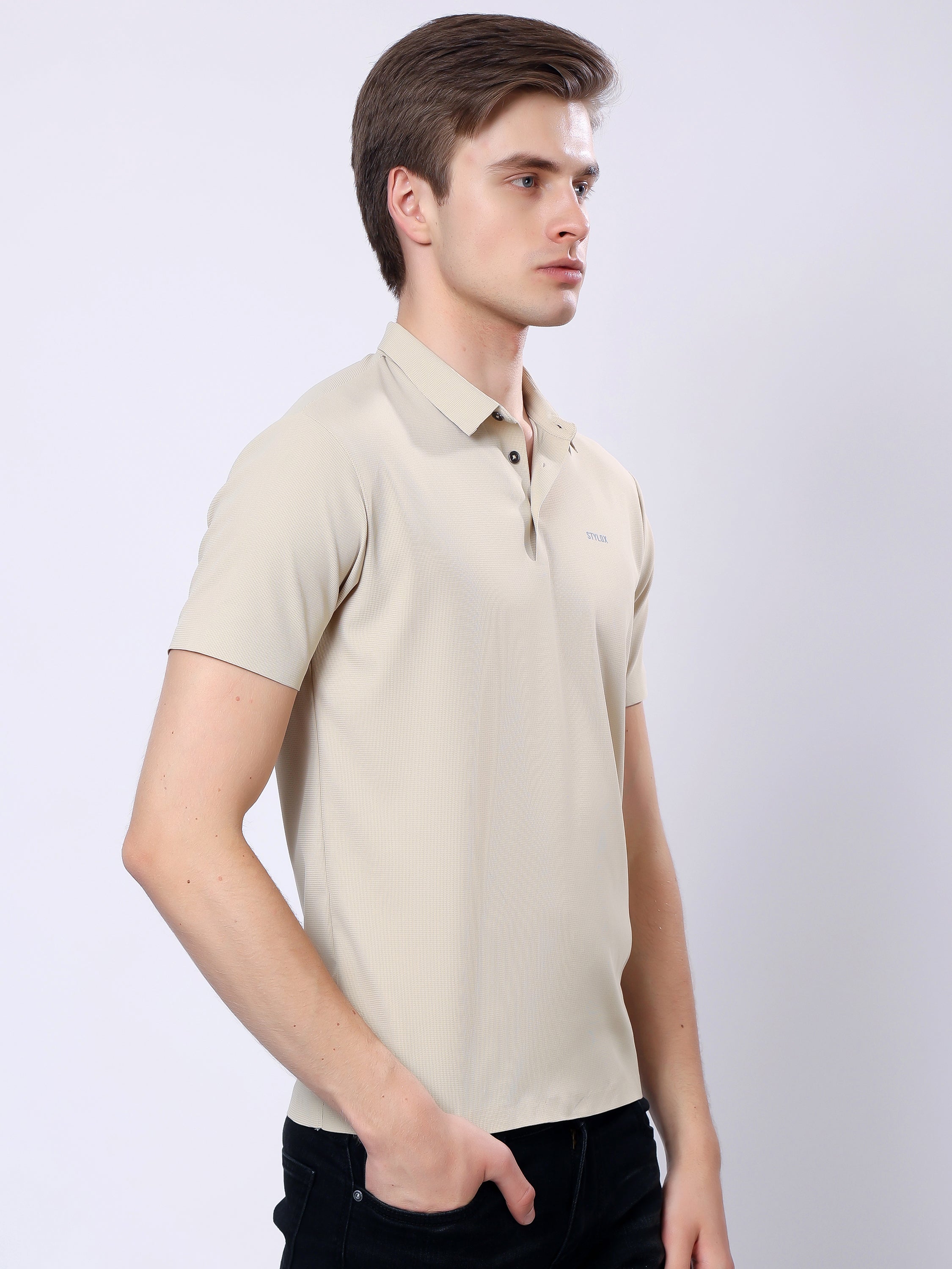 Stylox Men’s Premium Regular Fit Stretchable Polo T-Shirt-Mid Beige - Stylox