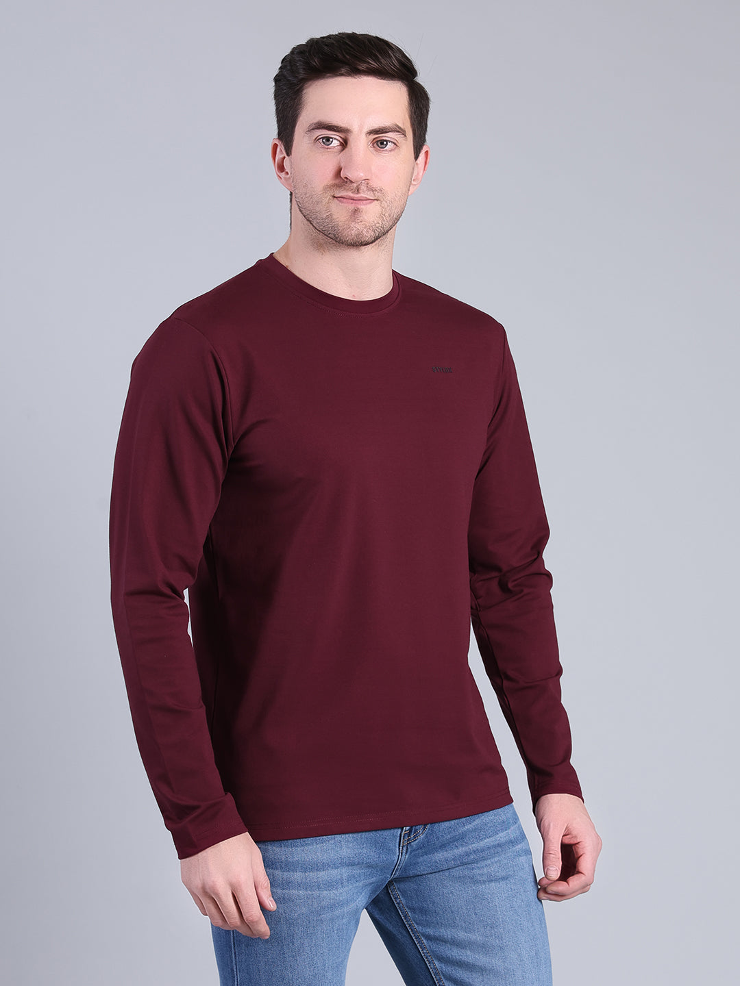 Stylox Men’s Full Sleeve Round Neck T-Shirt | Solid Slim Fit Cotton Blend Casual Tee