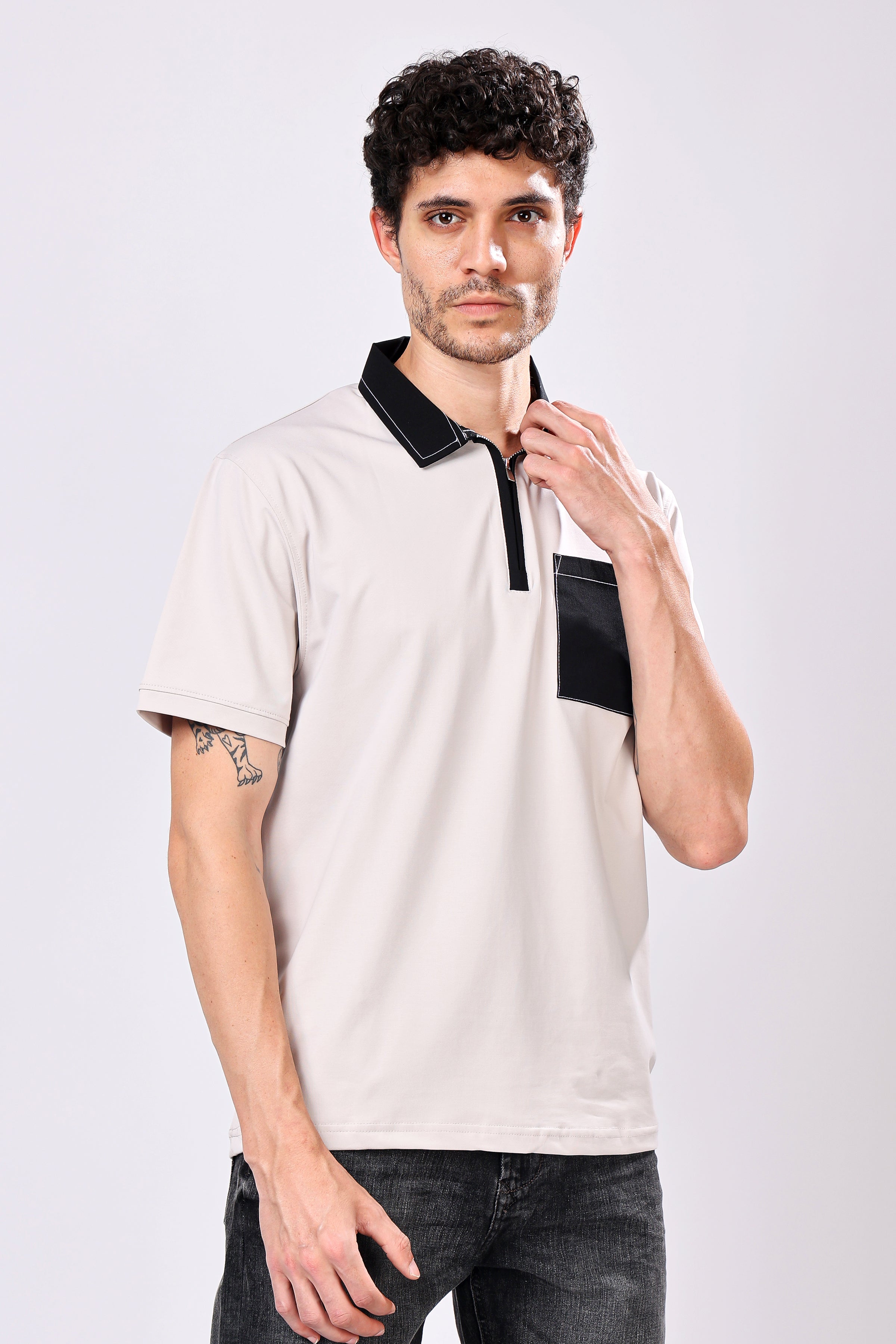 Stylox Men’s Regular Fit Contrast Collar Half Sleeve T-Shirt with Front Pocket & Zip Neck | Casual Stylish Cotton Blend Tee