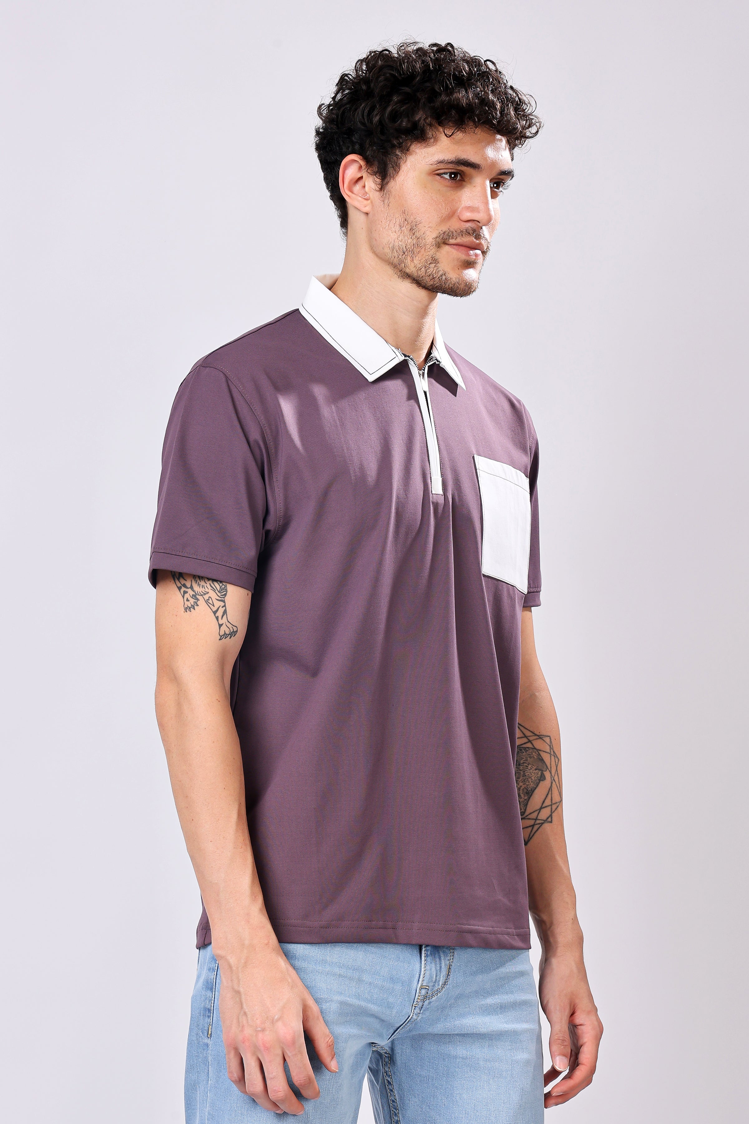 Stylox Men’s Regular Fit Contrast Collar Half Sleeve T-Shirt with Front Pocket & Zip Neck | Casual Stylish Cotton Blend Tee