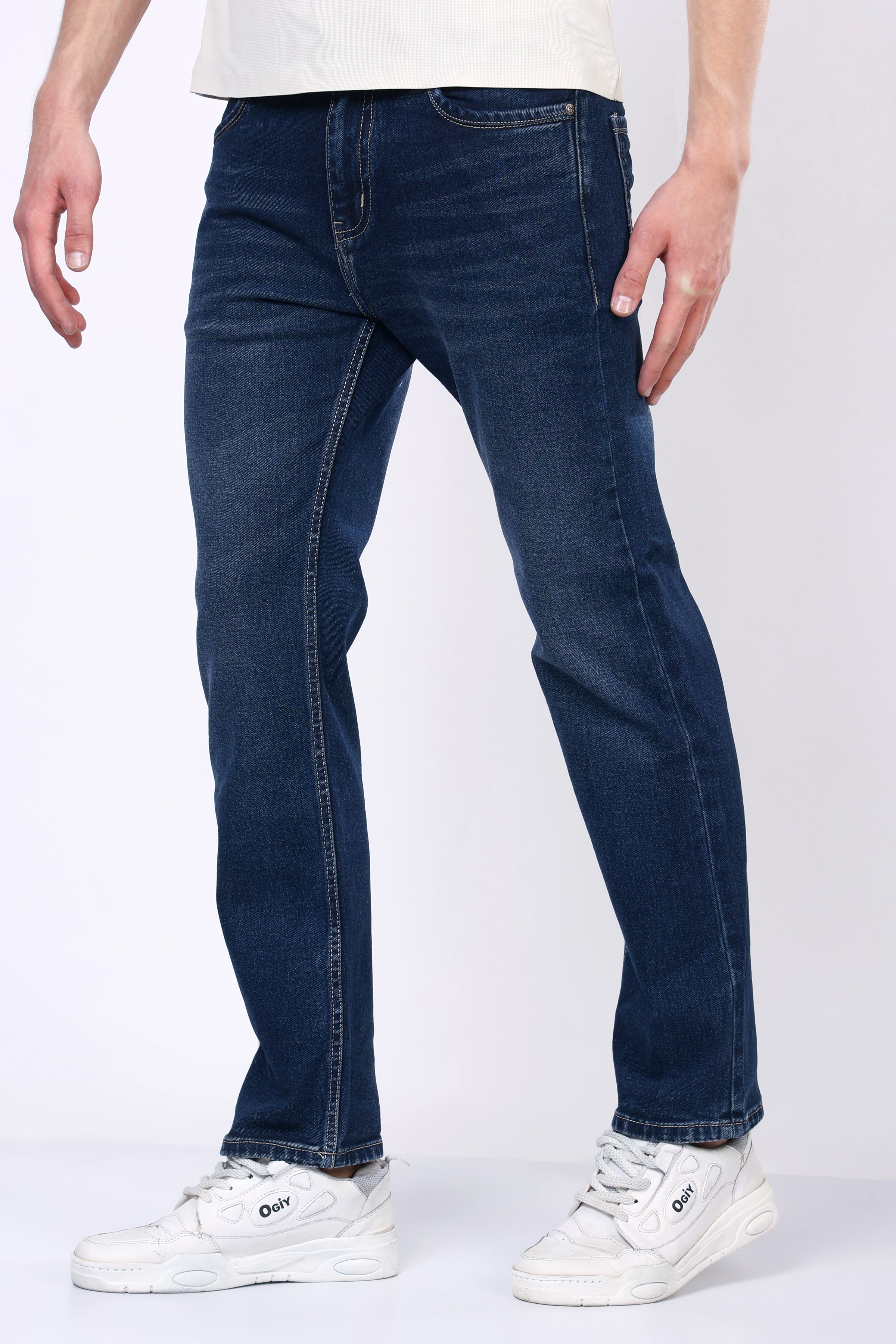 Stylox Men’s Mid-Rise Comfort Fit Stretchable Mid Dark Blue Denim Jeans - Stylox