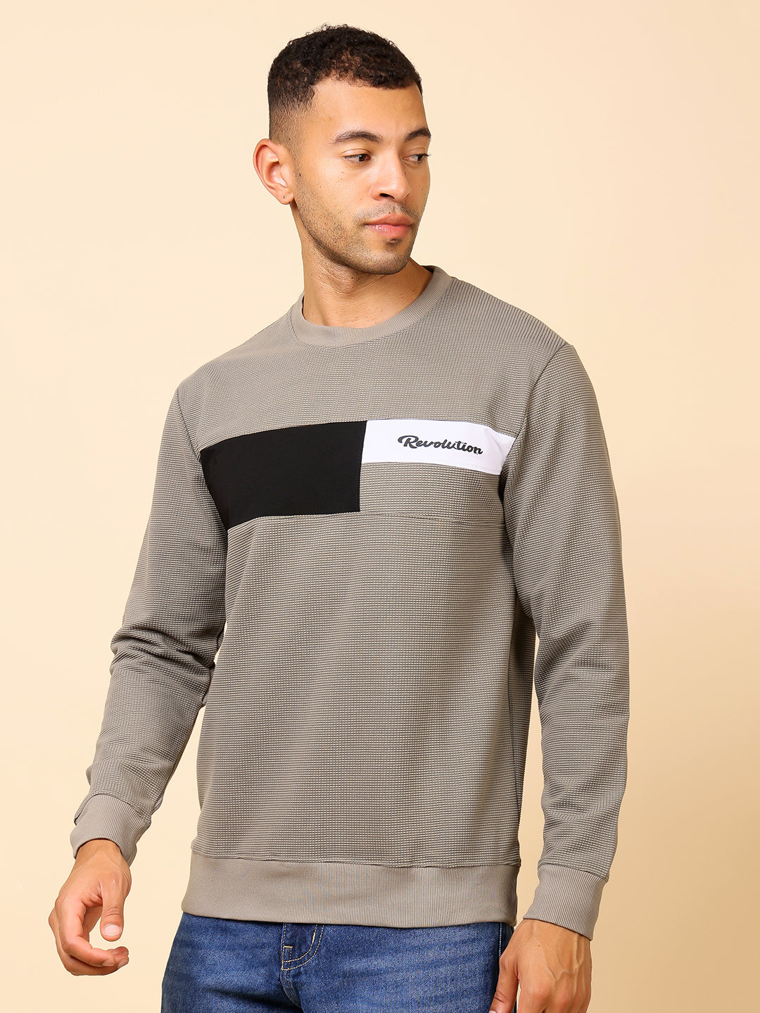 Stylox Men’s Colorblock Crew Neck Sweatshirt with “Revolution” Print