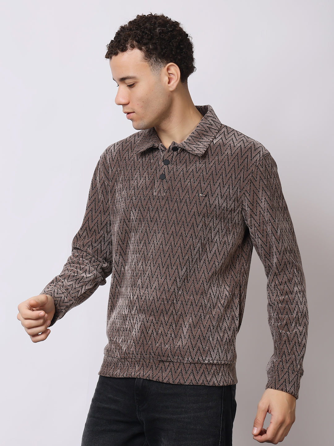 Stylox Men’s Textured Winter Sweatshirt – Chevron Pattern Pullover with Collar & Button Placket