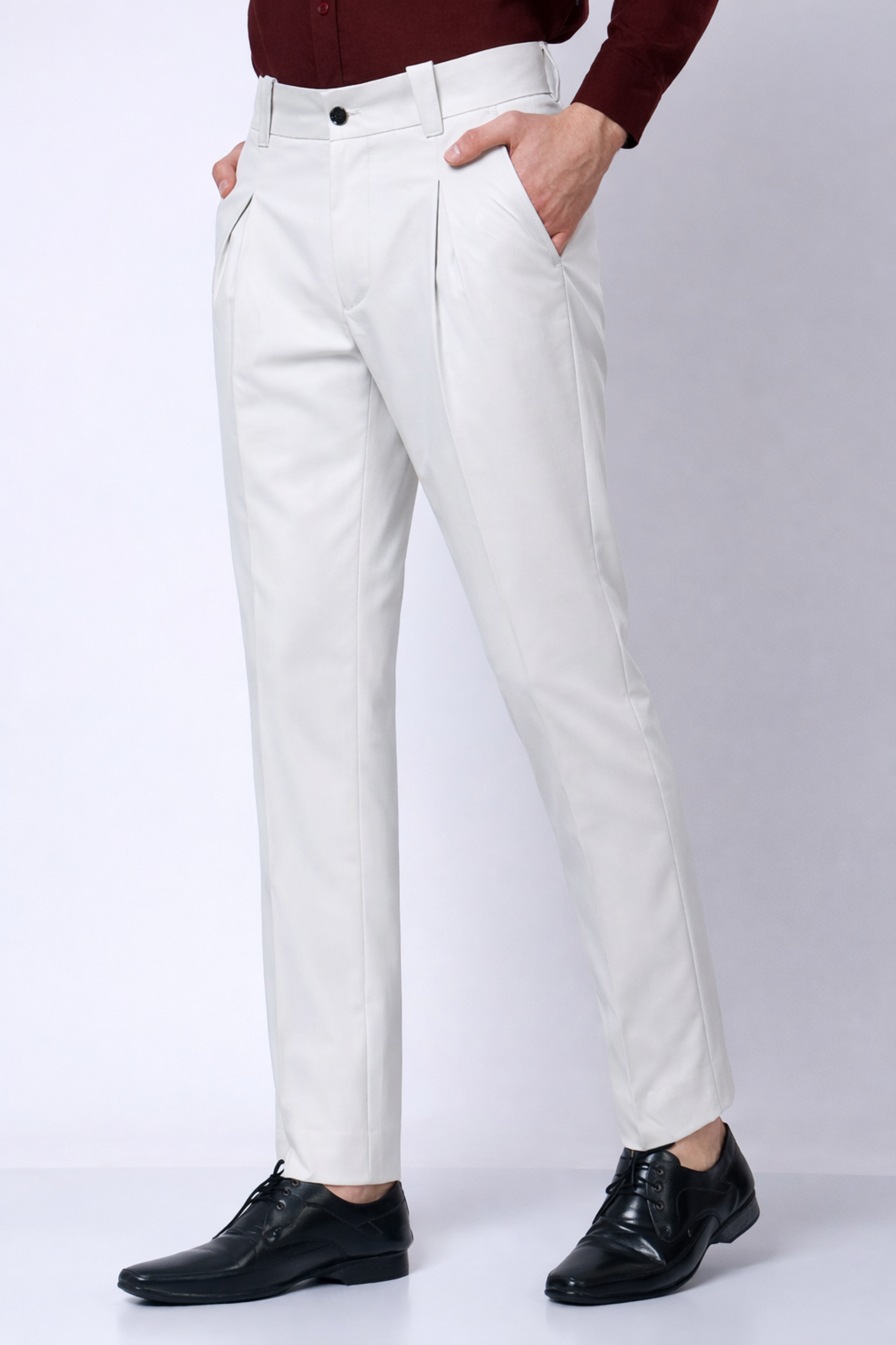 Stylox Men’s Slim Fit Pleated Formal Trousers – Premium Office Wear Pants with Side Pockets-White - Stylox