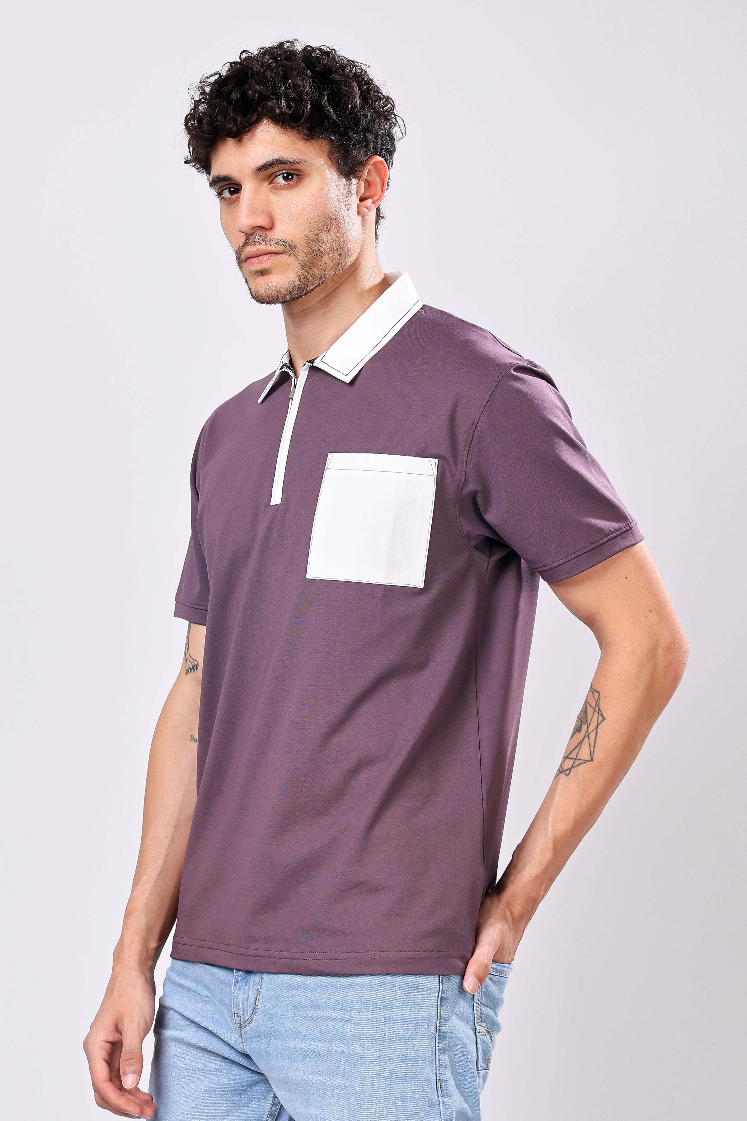 Stylox Men’s Regular Fit Contrast Collar Half Sleeve T-Shirt with Front Pocket & Zip Neck | Casual Stylish Cotton Blend Tee