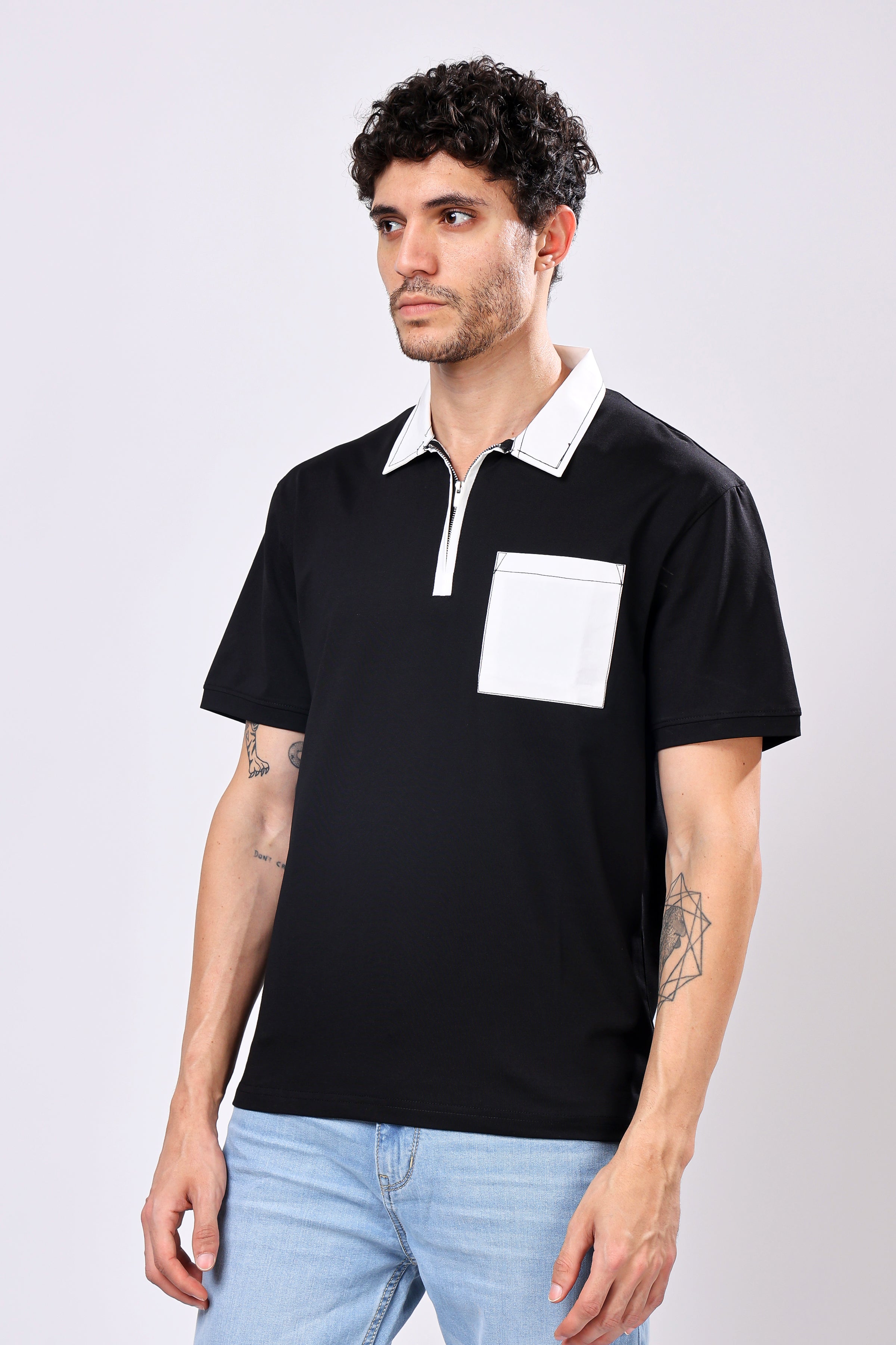 Stylox Men’s Regular Fit Contrast Collar Half Sleeve T-Shirt with Front Pocket & Zip Neck | Casual Stylish Cotton Blend Tee