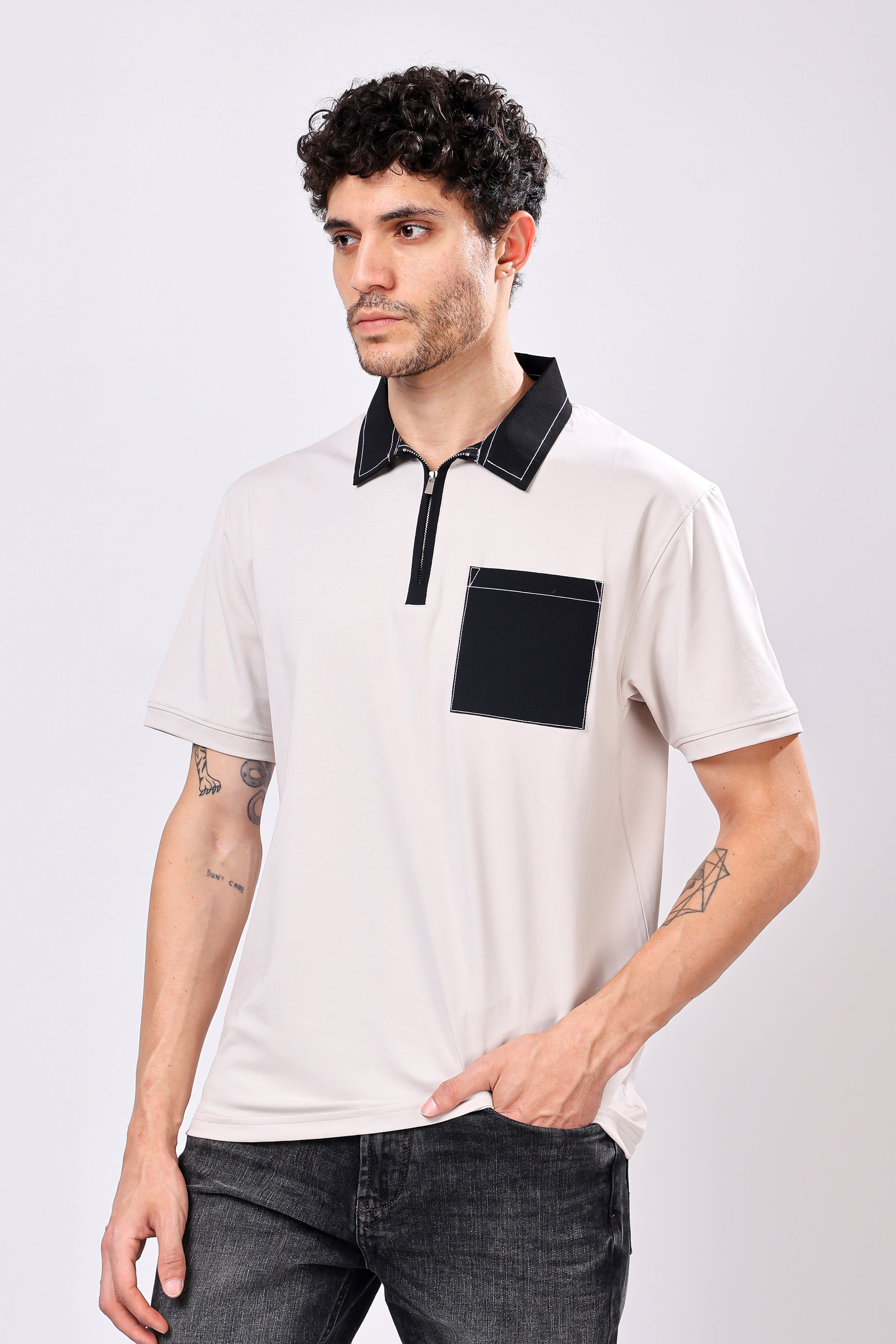 Stylox Men’s Regular Fit Contrast Collar Half Sleeve T-Shirt with Front Pocket & Zip Neck | Casual Stylish Cotton Blend Tee