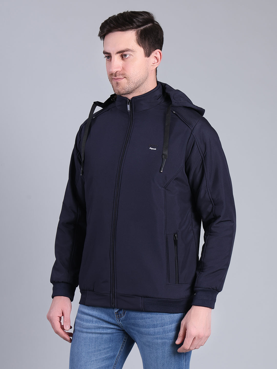 Stylox Men’s Solid Hooded Winter Jacket | Full Sleeve Zip-Up Casual Jacket with Pockets