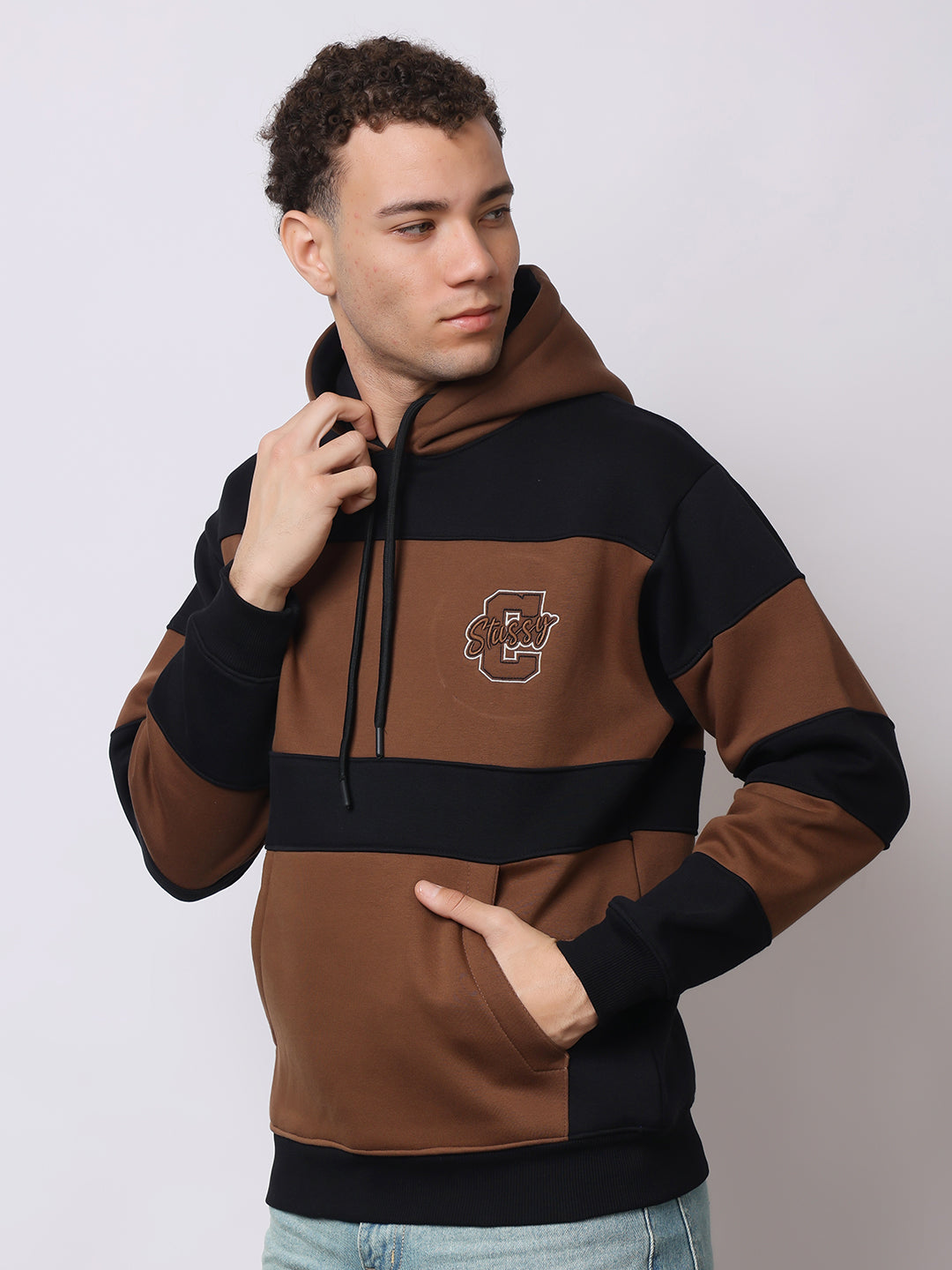 Stylox Men’s Premium Colorblock Hoodie – Brown & Black Stylish Winter Wear | Warm Fleece Hoodie with Kangaroo Pocket