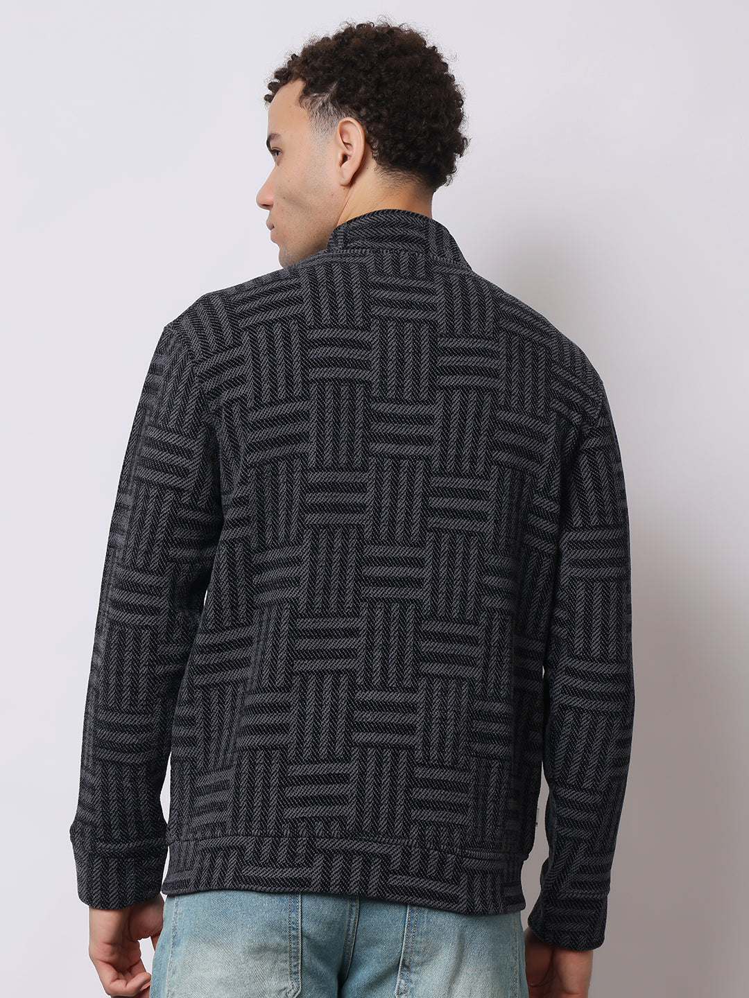 Stylox Men’s Black Textured Full-Zip Winter Jacket – Warm Fleece-Lined High Neck Sweatshirt for Casual Wear