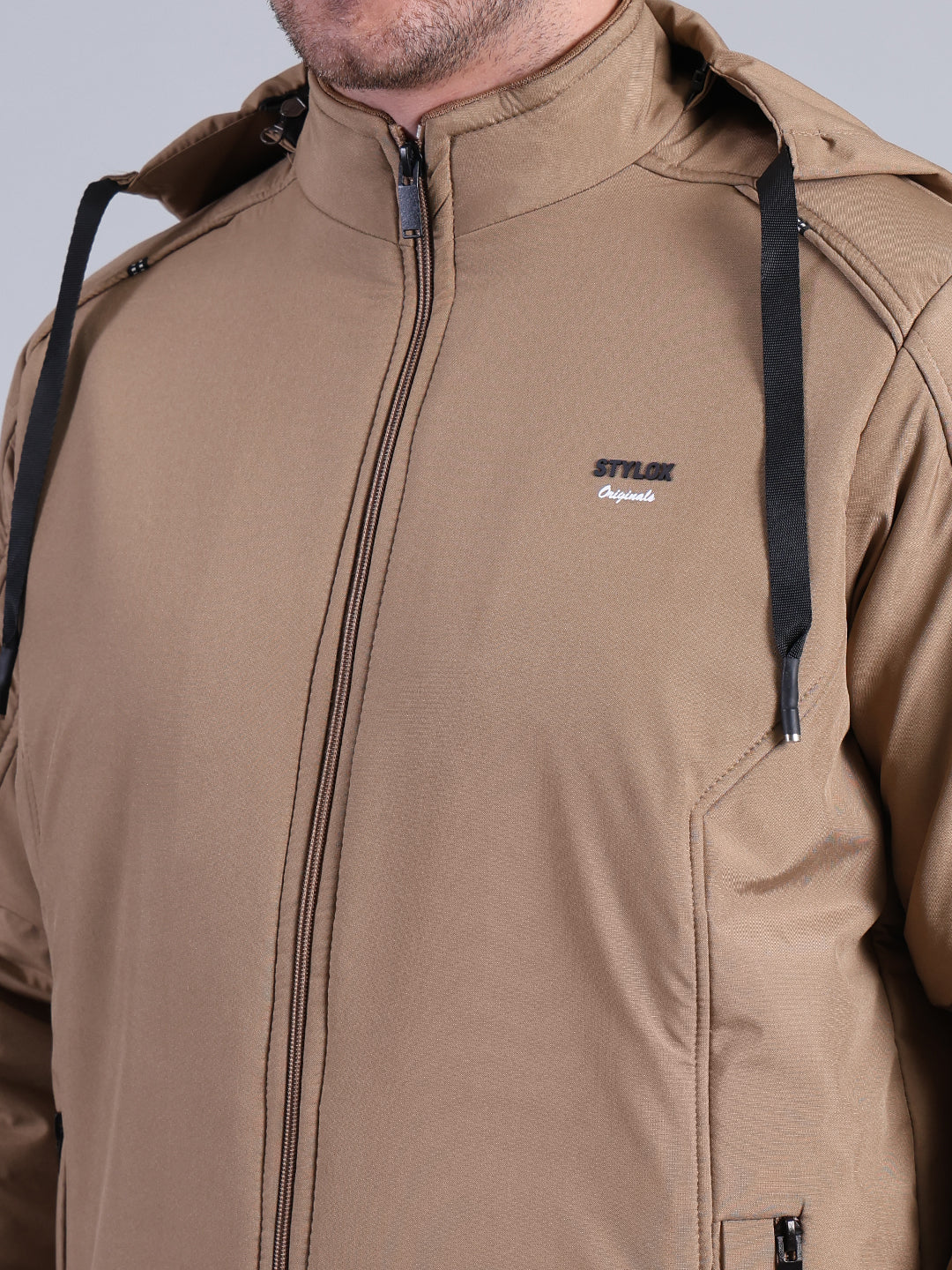 Stylox Men’s Solid Hooded Winter Jacket | Full Sleeve Zip-Up Casual Jacket with Pockets