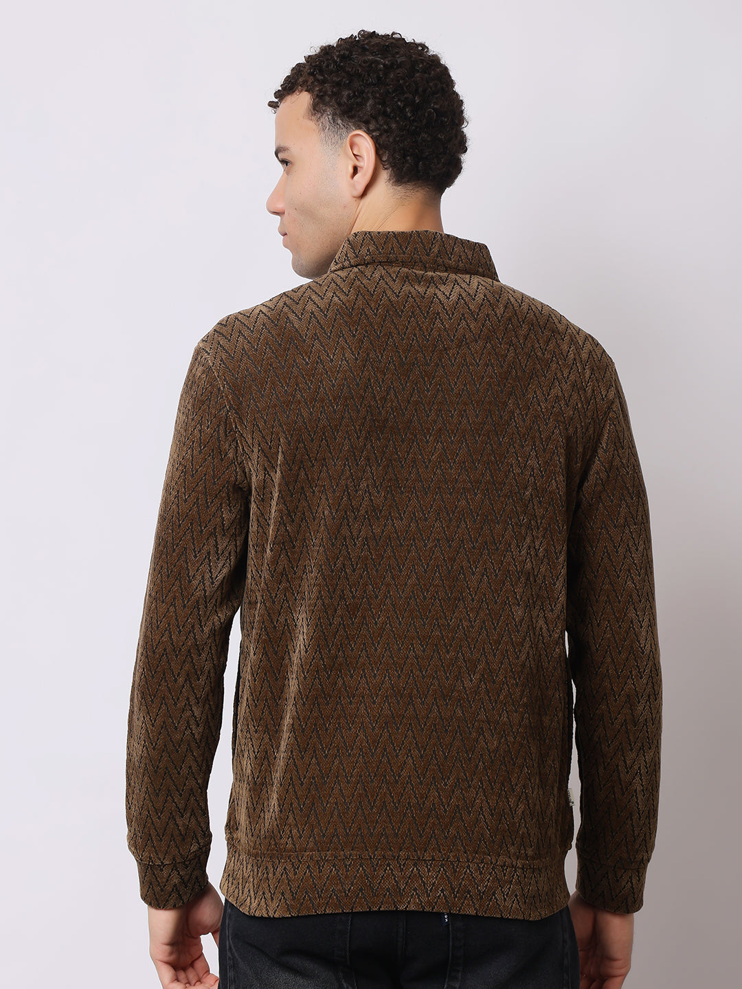 Stylox Men’s Textured Winter Sweatshirt – Chevron Pattern Pullover with Collar & Button Placket