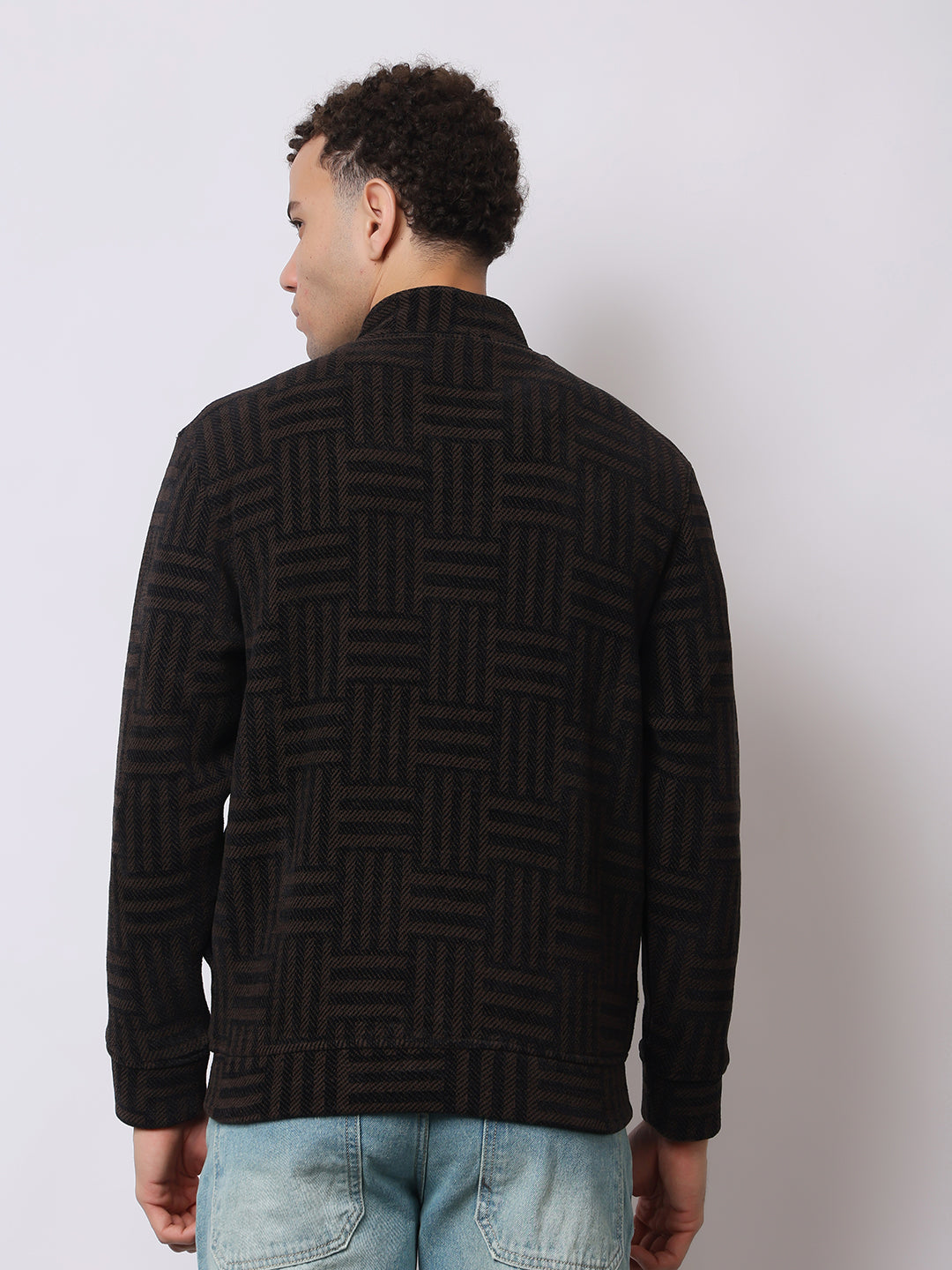 Stylox Men’s Black Textured Full-Zip Winter Jacket – Warm Fleece-Lined High Neck Sweatshirt for Casual Wear