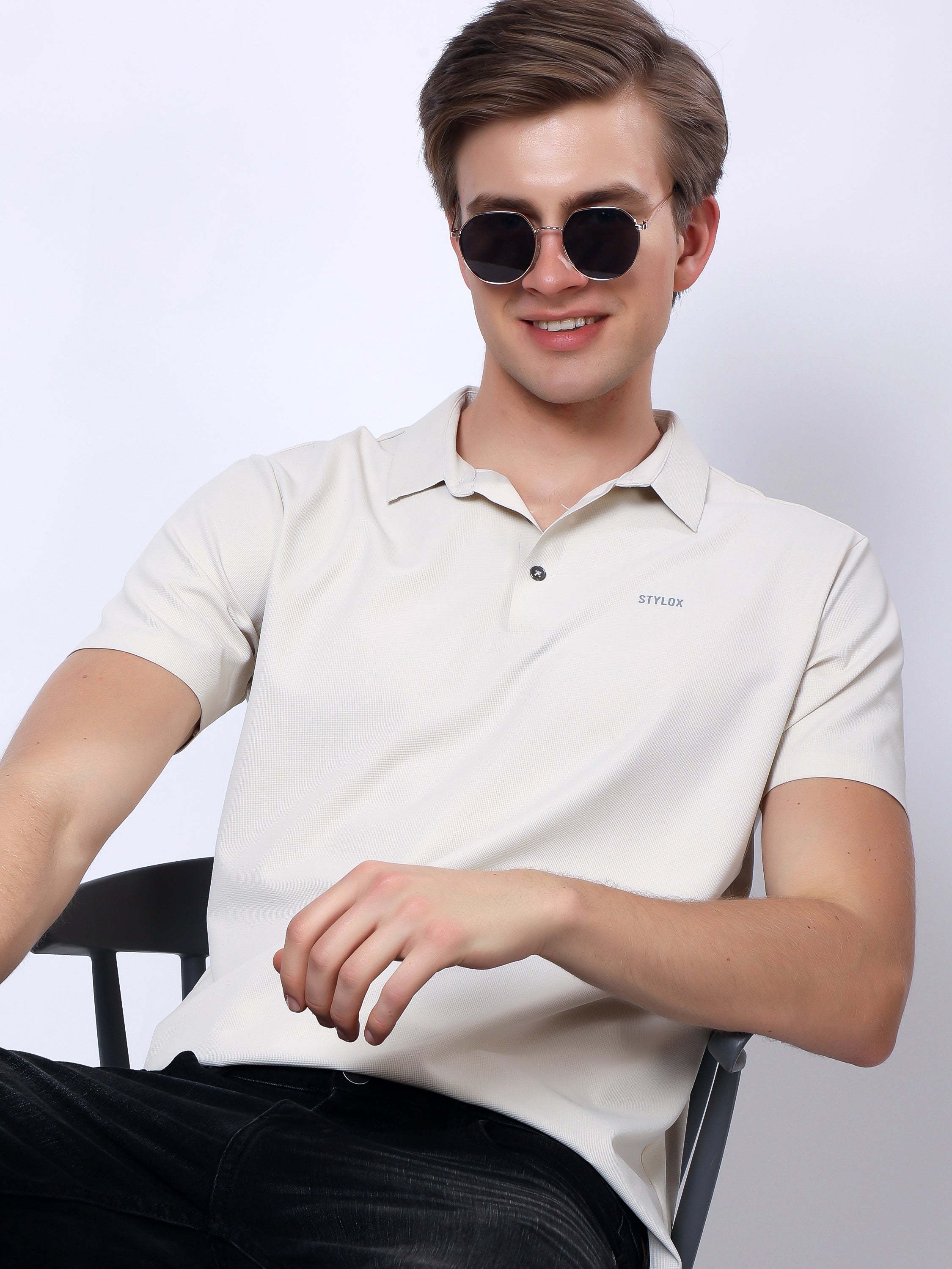 Stylox Men’s Premium Regular Fit Stretchable Polo T-Shirt–Light Beige - Stylox