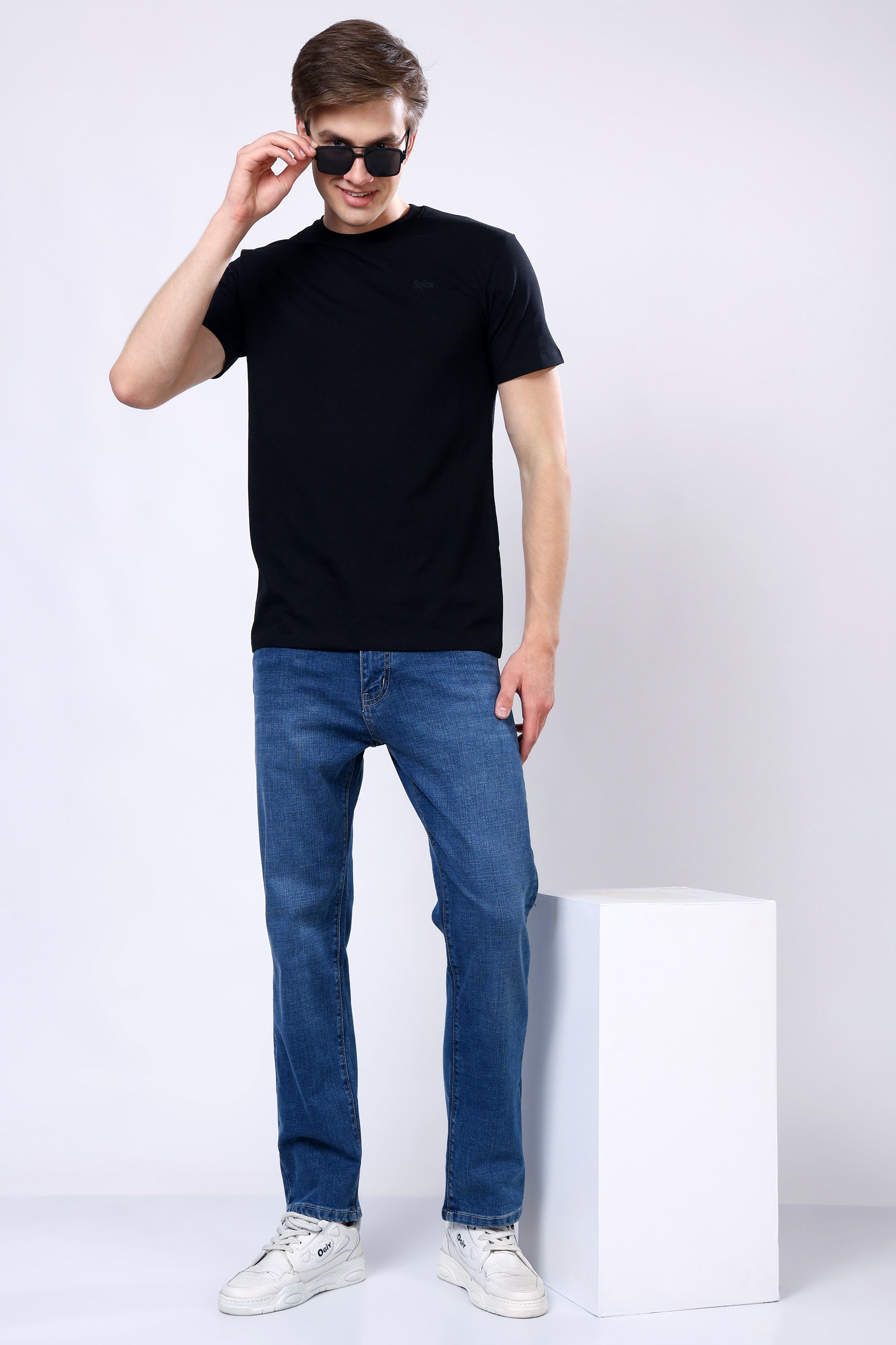 Stylox Men’s Comfort Fit Stretchable Mid Dark Blue Denim Jeans - Stylox