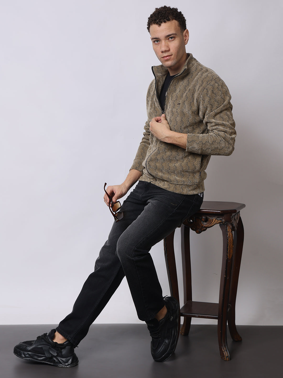 Stylox Men’s Textured Winter Jacket – High-Neck Full-Zip Warm Fleece Jacket for Casual & Daily Wear