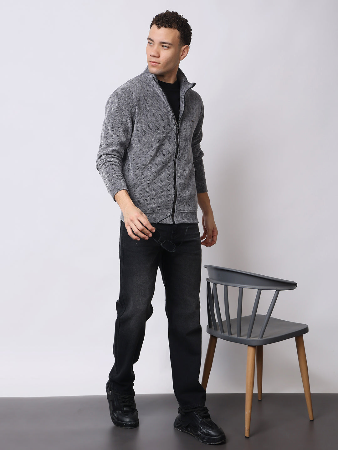 Stylox Men’s Textured Winter Jacket – High-Neck Full-Zip Warm Fleece Jacket for Casual & Daily Wear