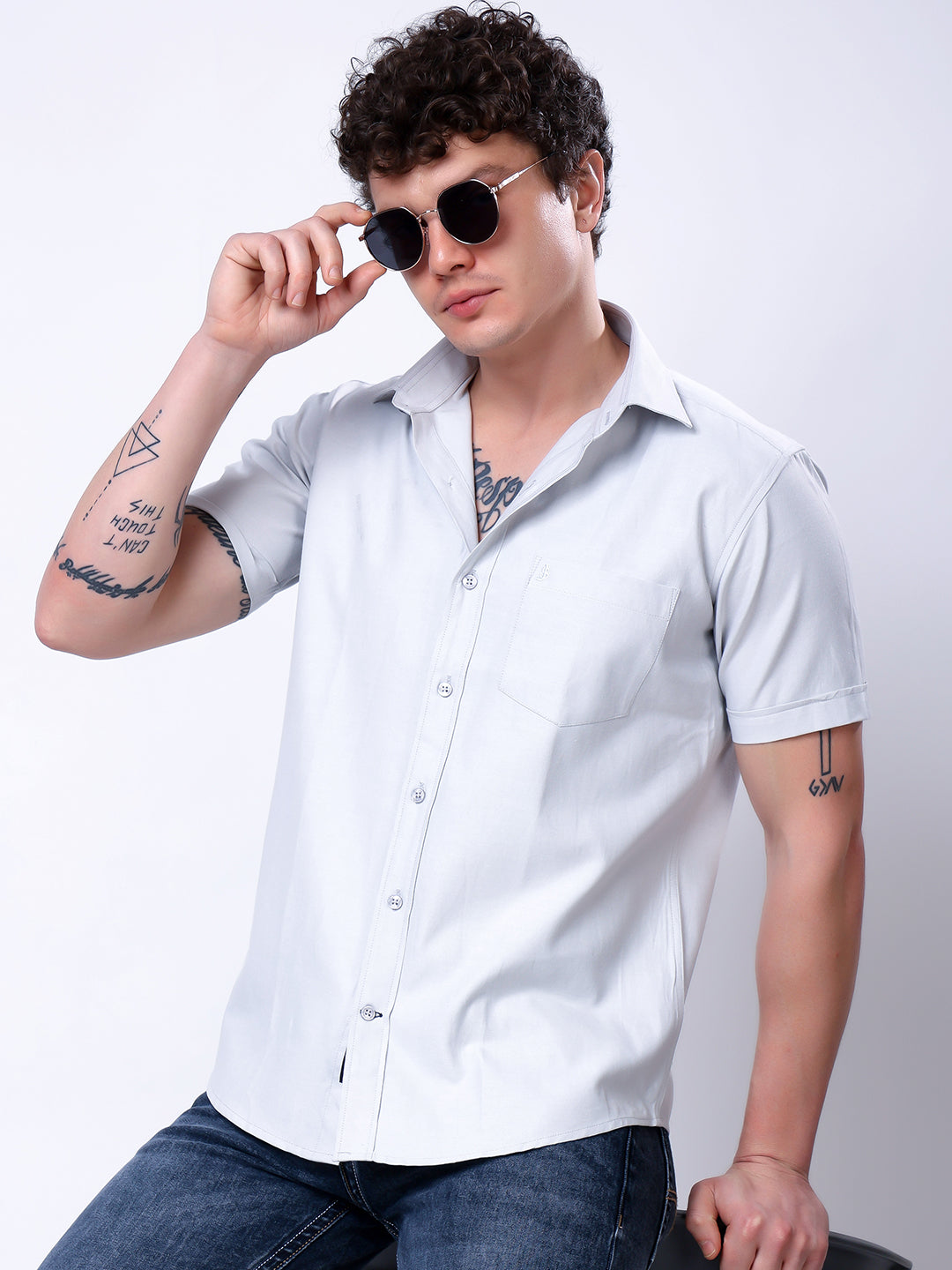 Stylox Men’s Regular Fit Half Sleeve Solid Casual Shirt-Light Grey - Stylox