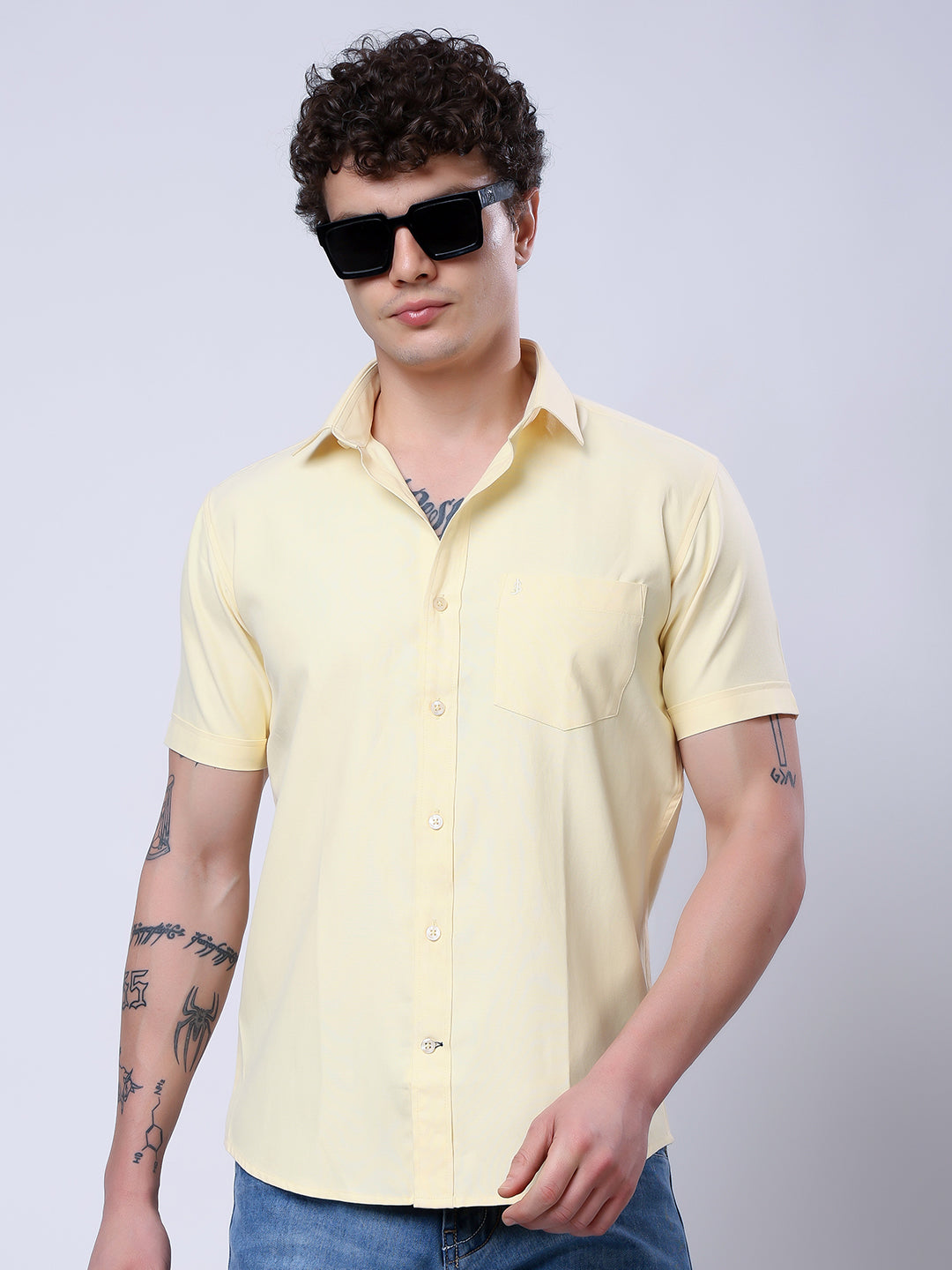 Stylox Men’s Regular Fit Half Sleeve Solid Casual Shirt-Yellow - Stylox